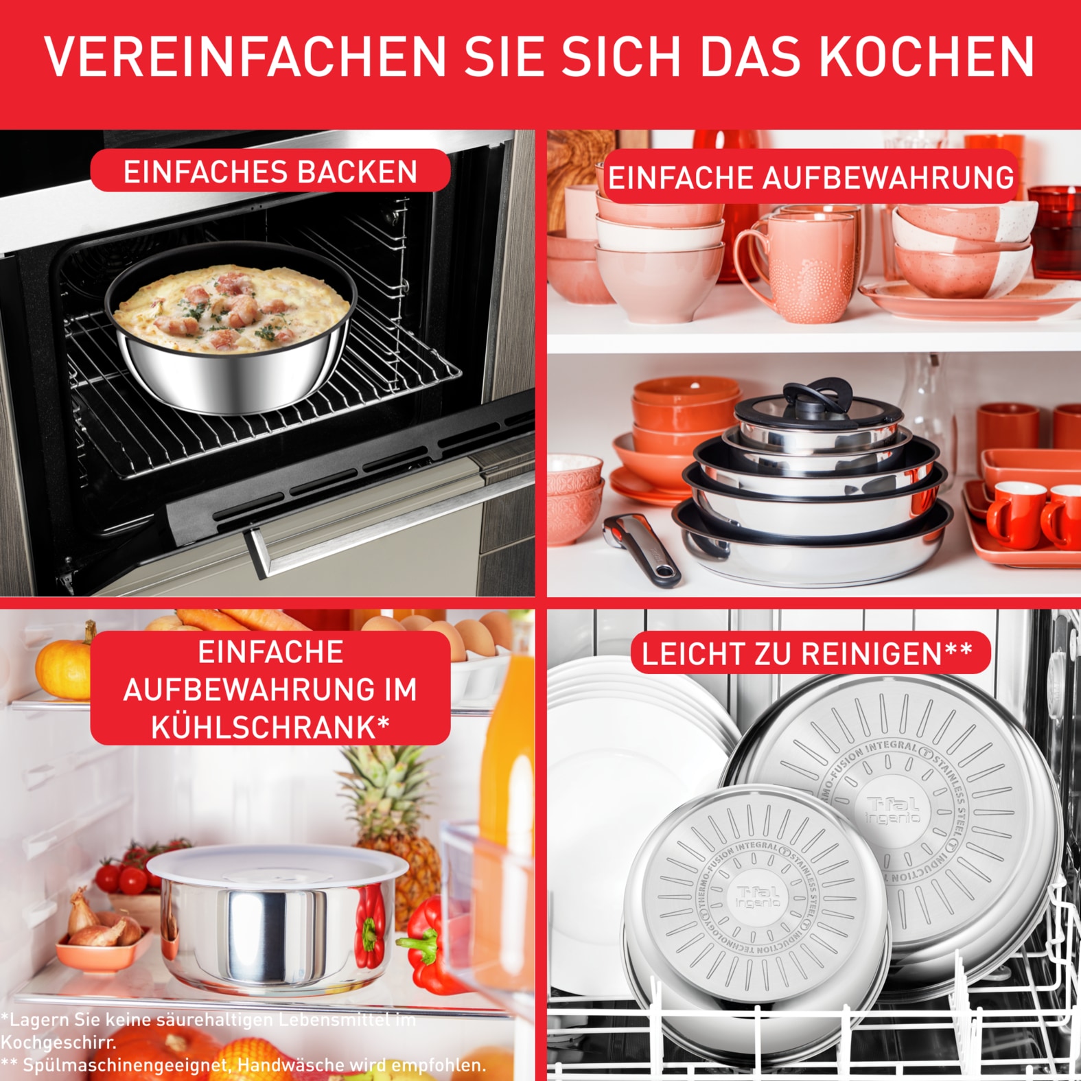Tefal Pfannen-Set »Ingenio Preference«, Edelstahl, (Set, 3 tlg., Tefal Ingenio Preference Pfannenset, 2 teilig, Ø 24, 28 cm, 1 Griff), stapelbar, Antihaftversiegelung, Induktion, Made in France, kompakt
