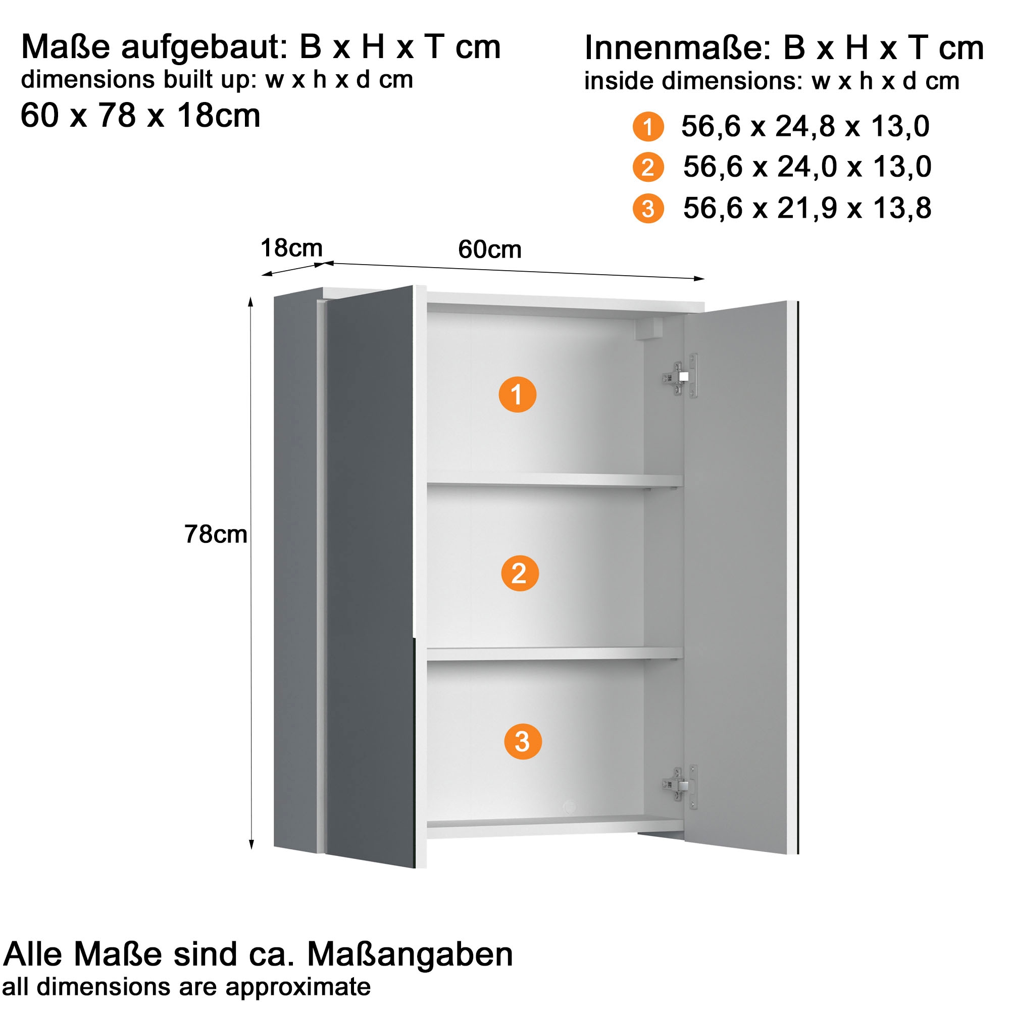 welltime Spiegelschrank »Prag«, (1 St.), Spiegelschrank mit 2 Spiegeltüren - (B/T/H) 60/18/78 cm