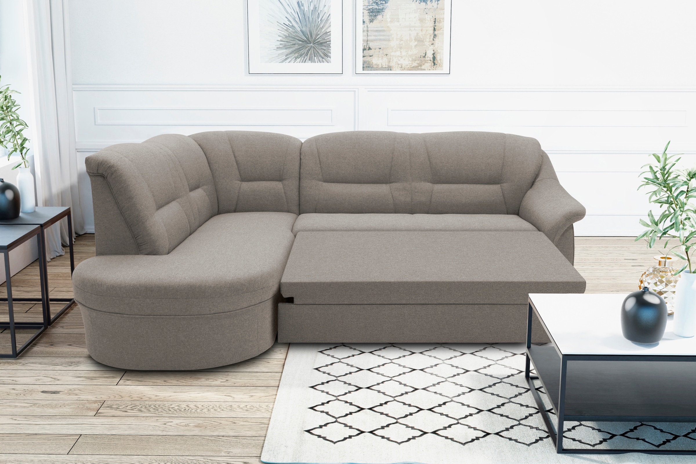 DOMO collection Ecksofa »Faenza für kleine Räume, Stellmaße 232,176cm, komfortabel, L-Form«, mit Ottomane, zeitlos, elegante Armlehnen, wahlweise mit Bettfunktion