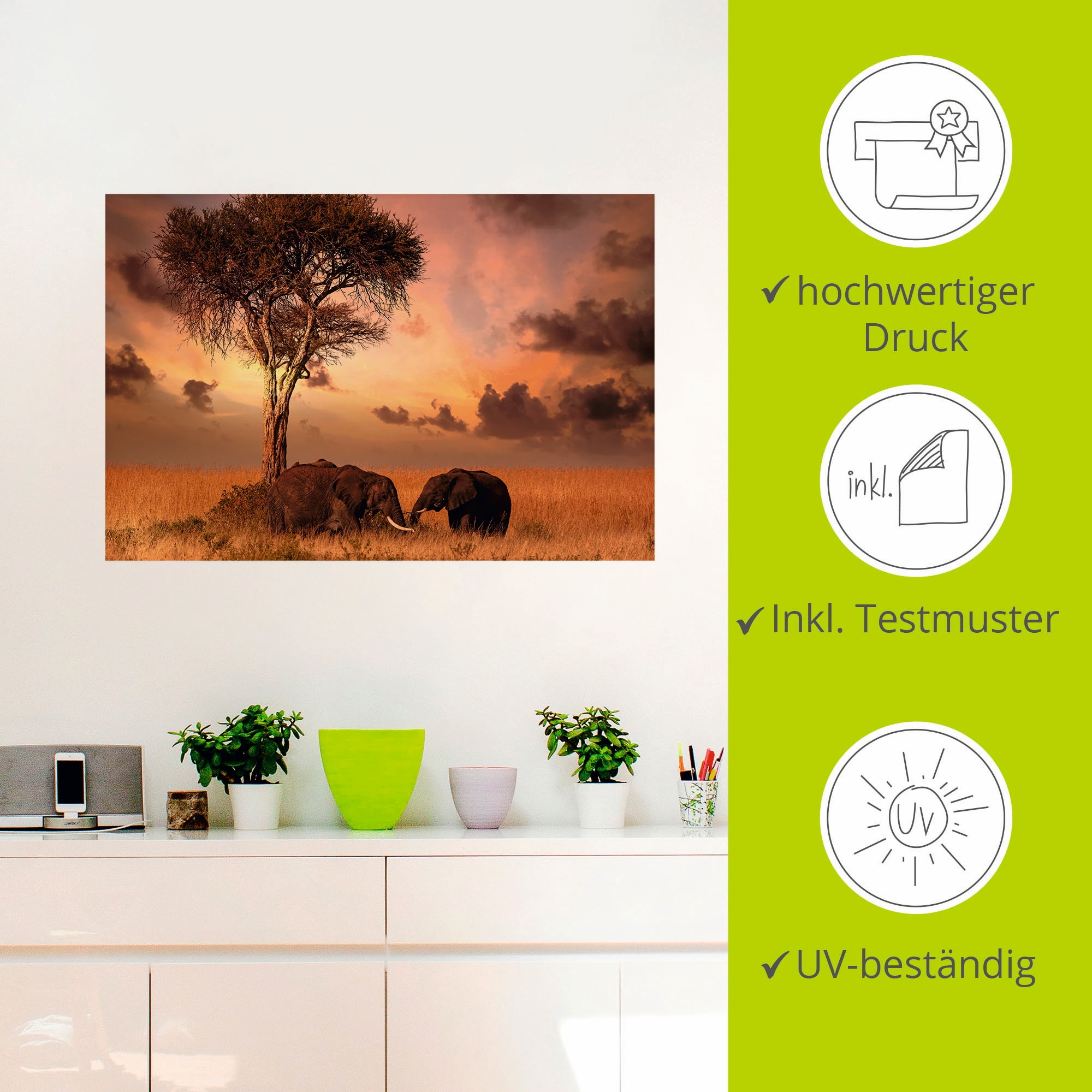 Artland Wandbild »Elefanten zum Abendessen«, Wildtiere, (1 St.), als Leinwandbild, Wandaufkleber in verschied. Größen