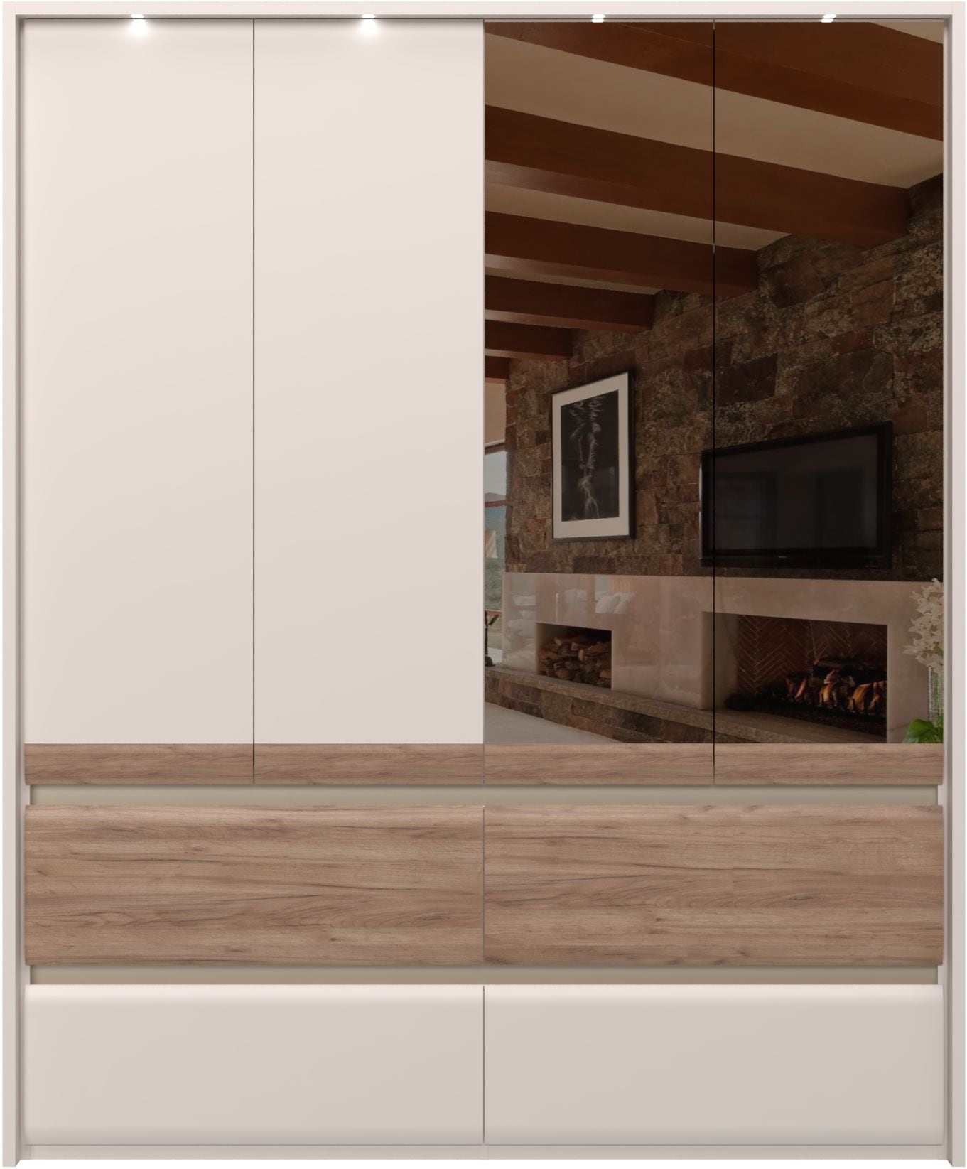 PLACES OF STYLE Kleiderschrank »Invictus, UV lackiert, FSC-zertifiziert, grifflose Optik« abgerundete Schubladen aus MDF im Holzdekor, soft-close,  mit Beleuchtung und Spiegel, in 4 Breiten, hoher Schrank (226cm)