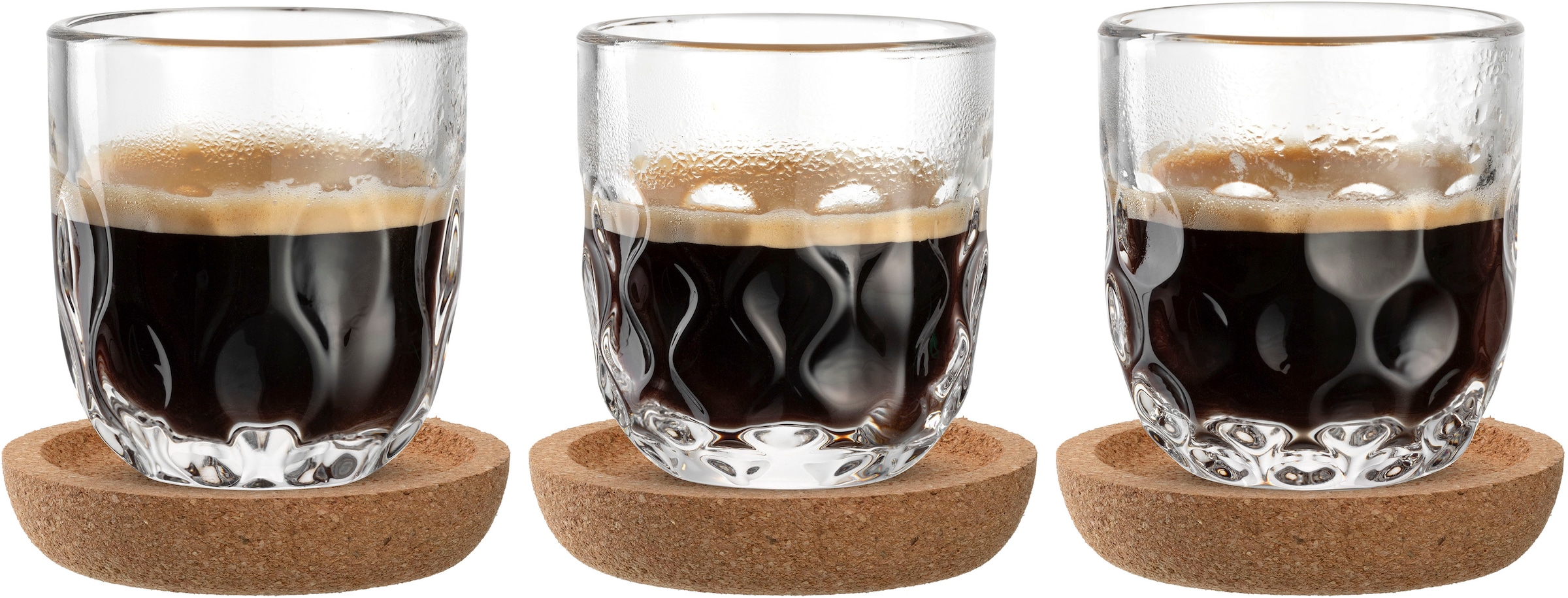 LEONARDO Gläser-Set »Espresso-Set GOCCE, 90 ml, 6-teilig« 3 Gläser mit unterschiedlichem Tropfenrelief, inkl. Kork-Untersetzer