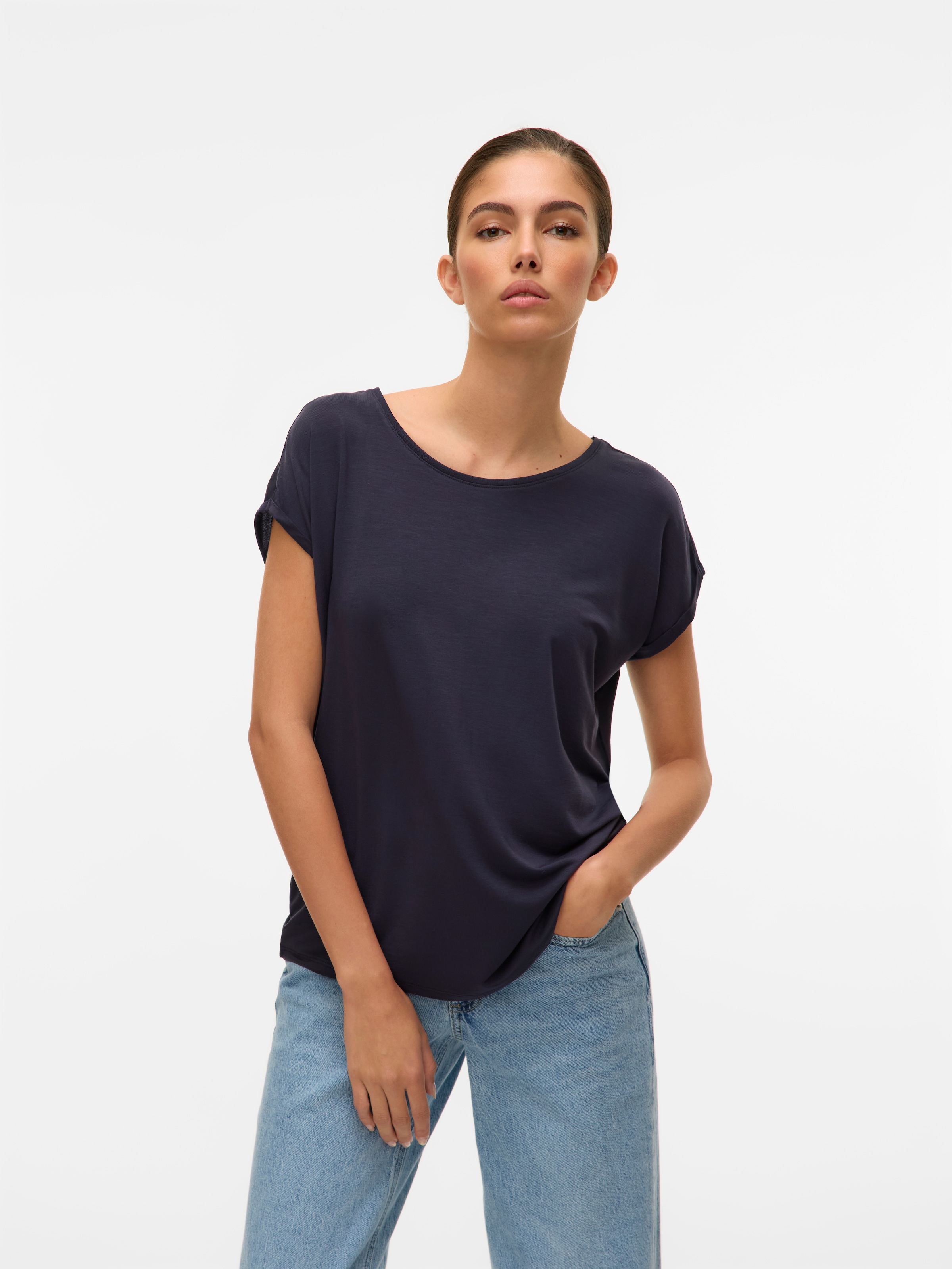 Vero Moda Rundhalsshirt »VMAVA PLAIN SS TOP GAJRS NOOS« Materialmix, regular fit