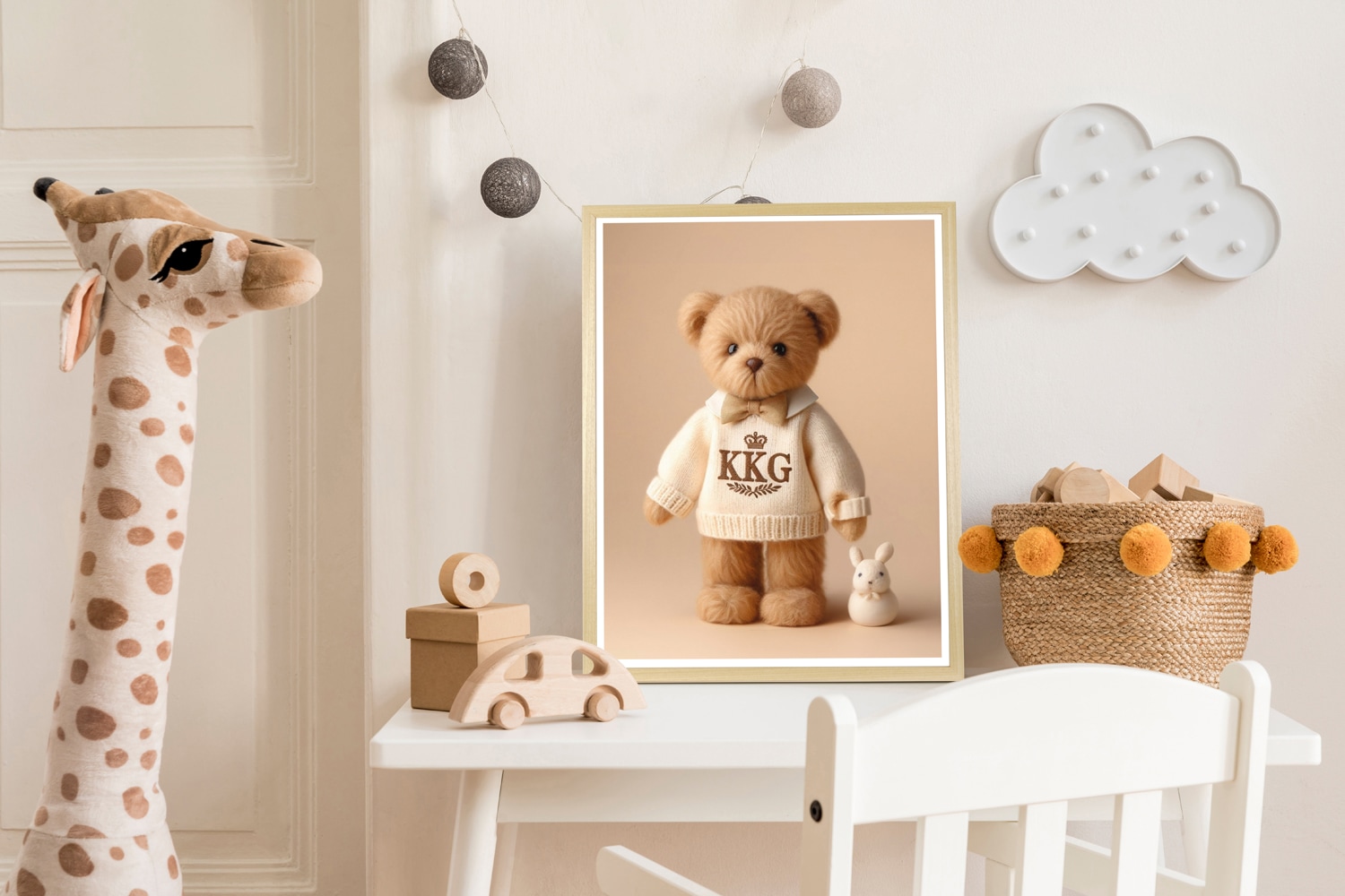 queence Bild mit Rahmen »Vintage Polo Teddy Bär Mädchen mit Schleife« Bär | Bären | Fashion | Figuren | Mode | Modebilder HD Premium Poster-Druck inkl. Echtholzrahmen in beige