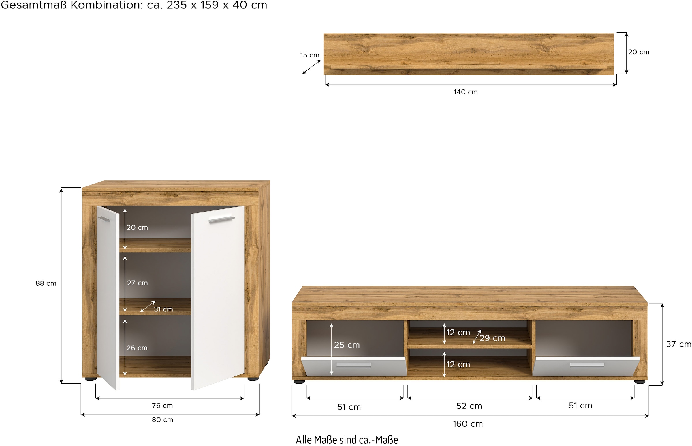 INOSIGN Wohnwand »Aosta, Breite 255cm, bestehend aus Highboard, Lowboard, Wandboard«, (3 St.), Wohnwand, Kombination, Anbauwand, Möbel Set, Schrankwand, Möbel Kombi