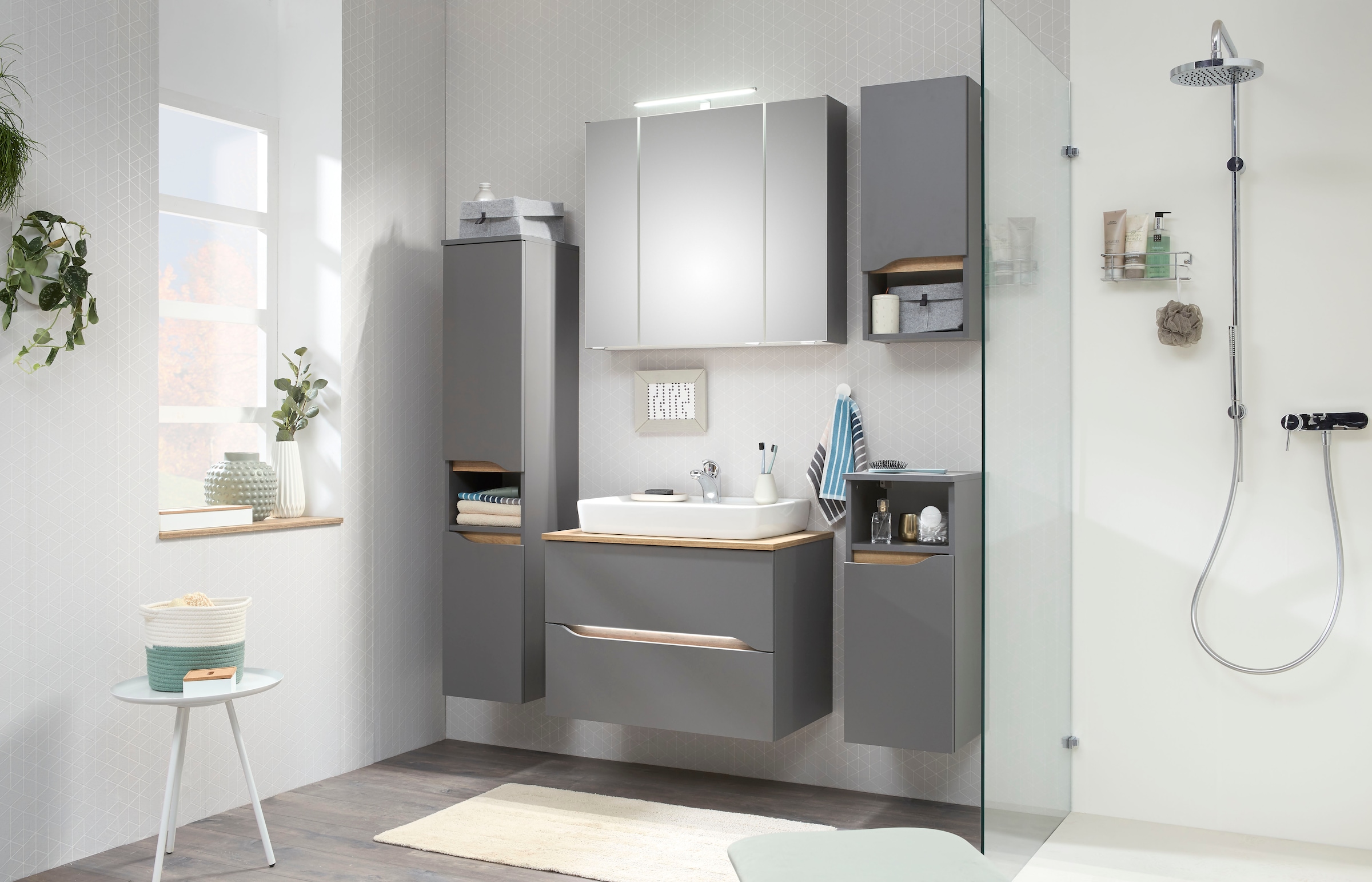 Saphir Badmöbel-Set »Quickset 5-teilig, Keramik-Aufsatzbecken und LED-Spiegelschrank« 8 Stk. tlg.