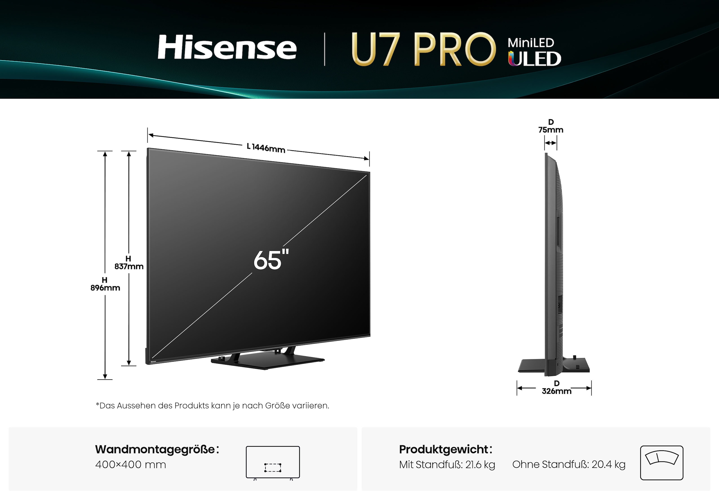 Hisense QLED Mini LED-Fernseher »65U7Q PRO« 164 cm/65 ″ Smart-TV 4K UHD MiniLED Smart TV