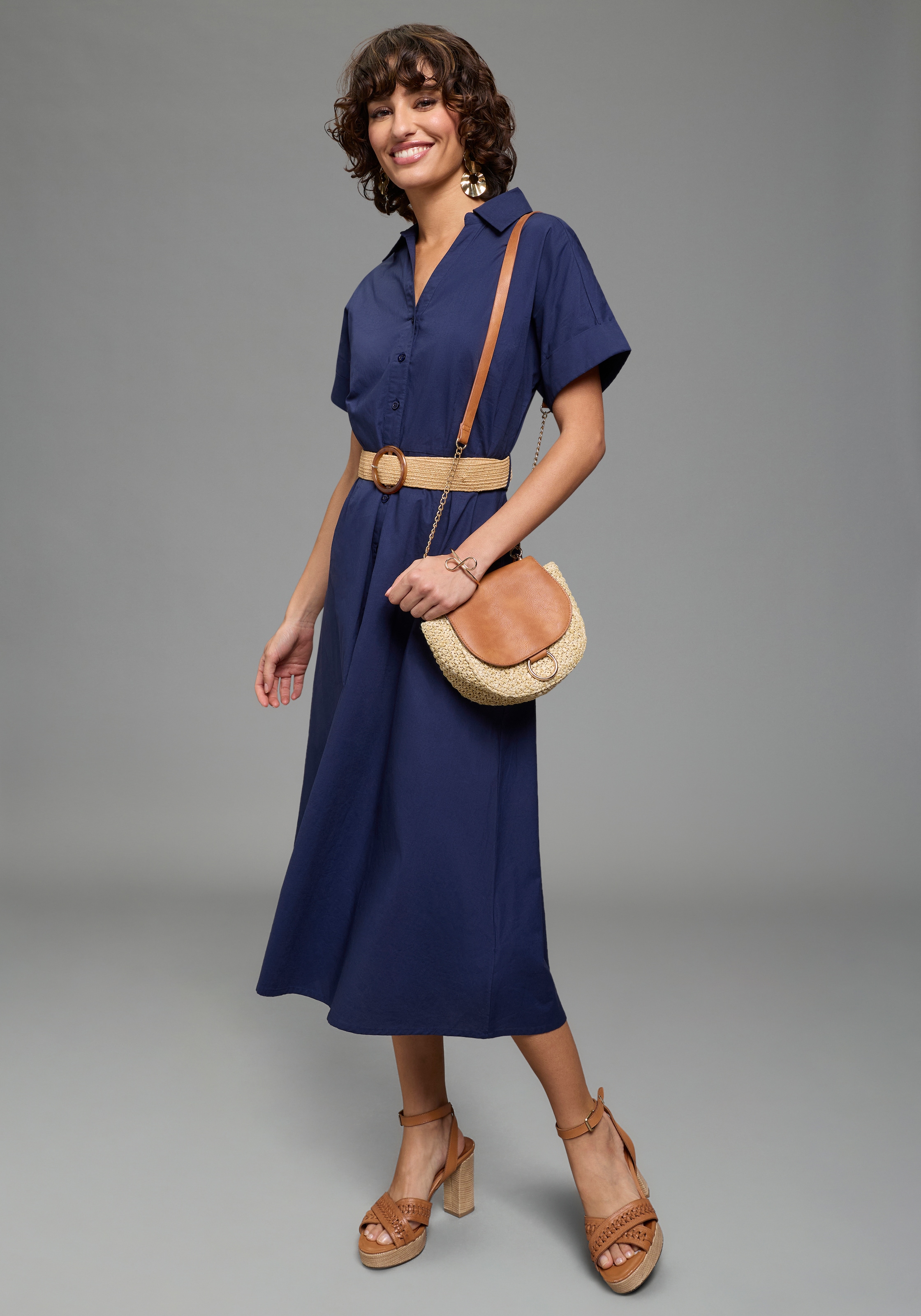 Laura Scott Hemdblusenkleid wadenlang, feminin, für vielseitige Anlässe, aus Baumwolle