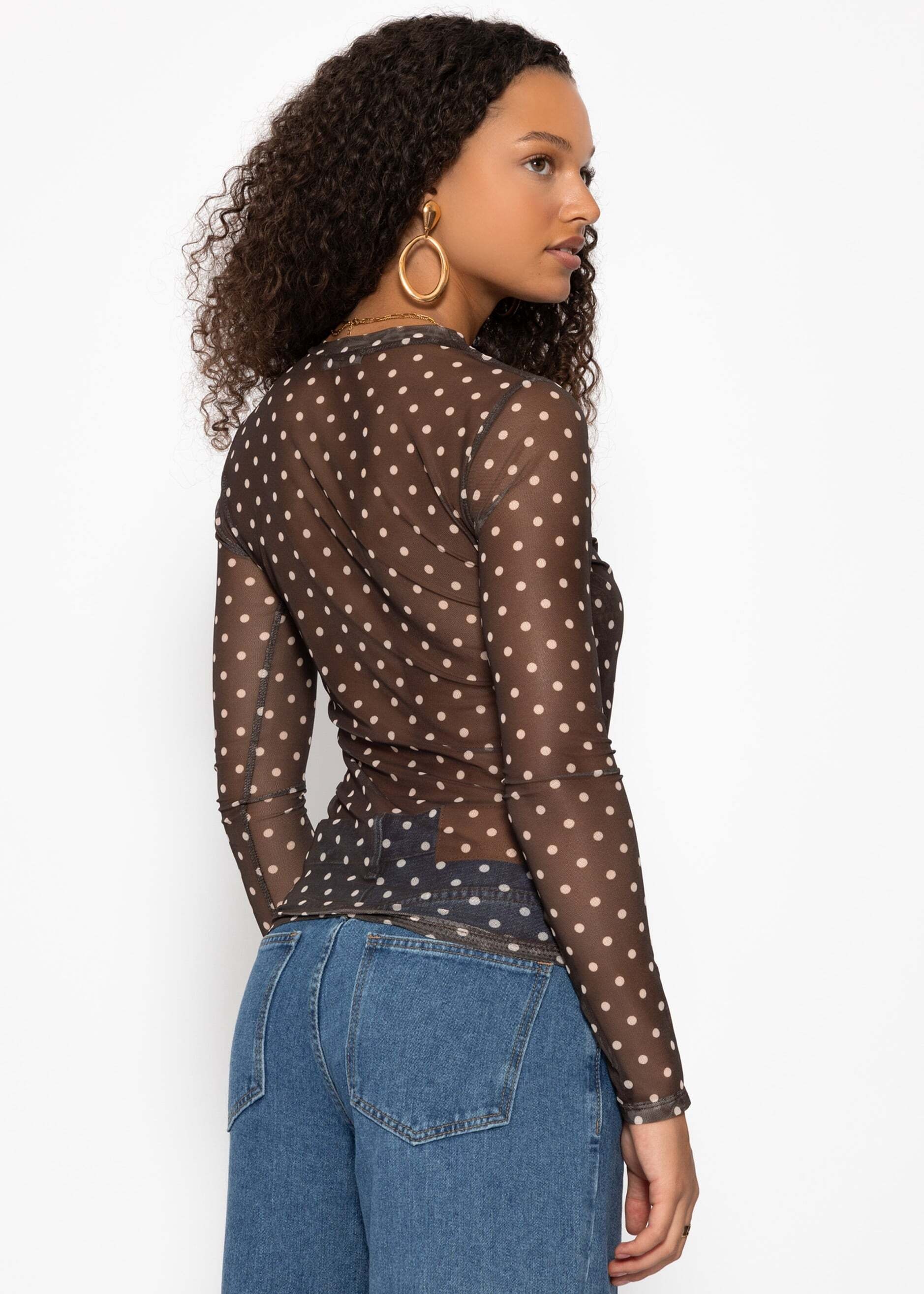 SASSYCLASSY Langarmshirt »Mesh Langarmshirt mit Punkten« Anliegendes Shirt aus Mesh mit gefütterter Vorderseite Beige Schwarz