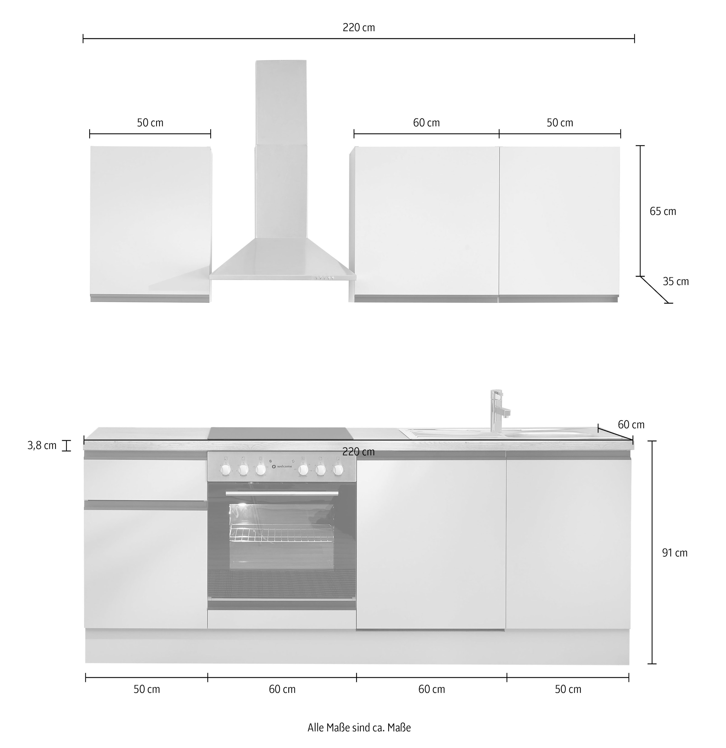 BASIC by Balculina Küchenzeile »Nizza B/H/T 220x211x60 cm« Breite 220 cm, wahlweise mit E-Geräten und Induktionskochfeld
