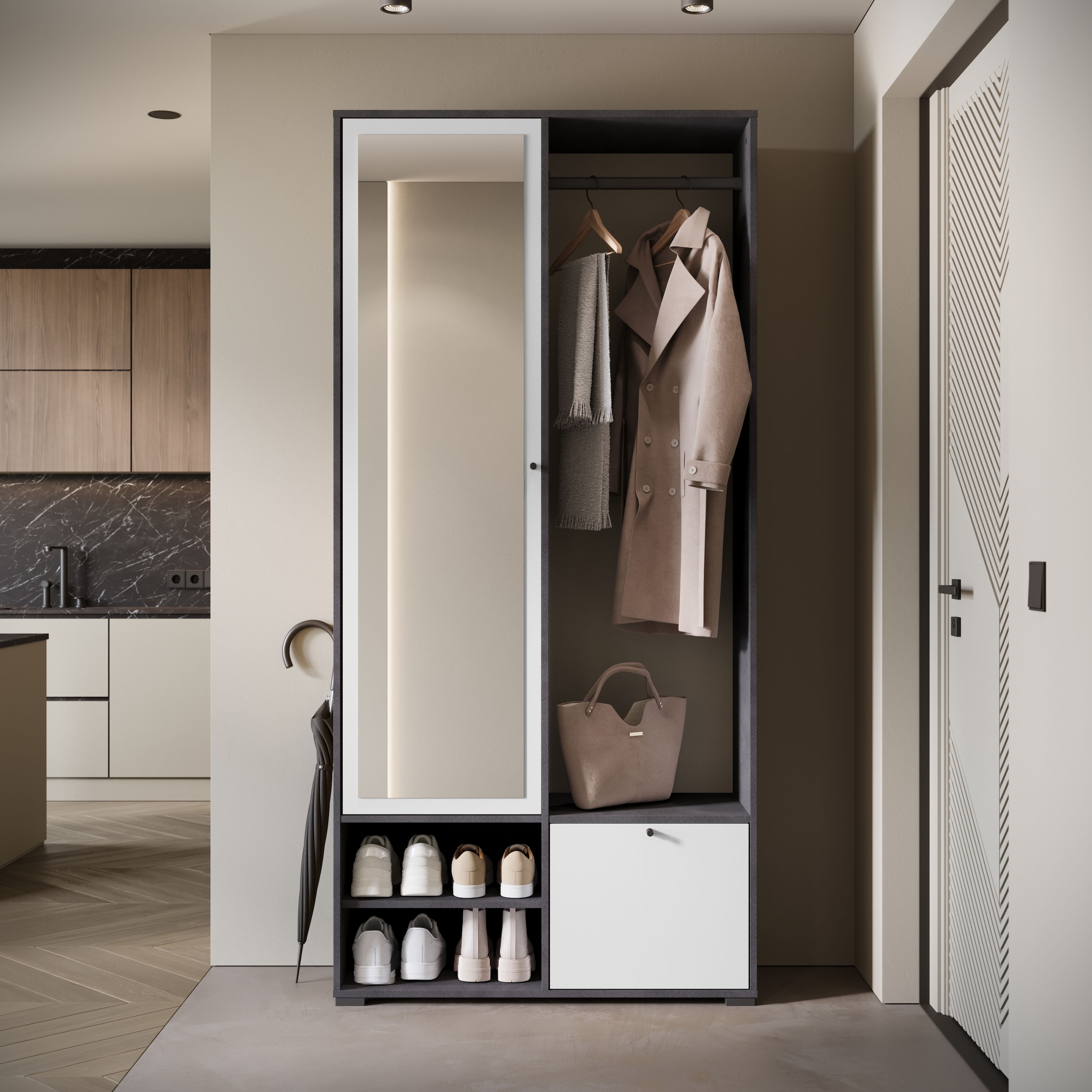 INOSIGN Garderobenschrank »DINO Kompaktgarderobe, Garderoben-Set DINO«, Mit Spiegel und Kleiderstange, 90 cm breit, Türanschlag wechselbar