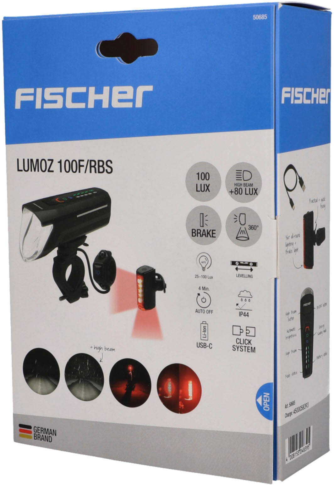 FISCHER Fahrrad Fahrradbeleuchtung »LED-Akku-Bel. Set PLUS 100/130 Fernlicht + TWIN STOP«, (Set, 2 tlg., Front- und Rücklicht inkl. Ladekabel)