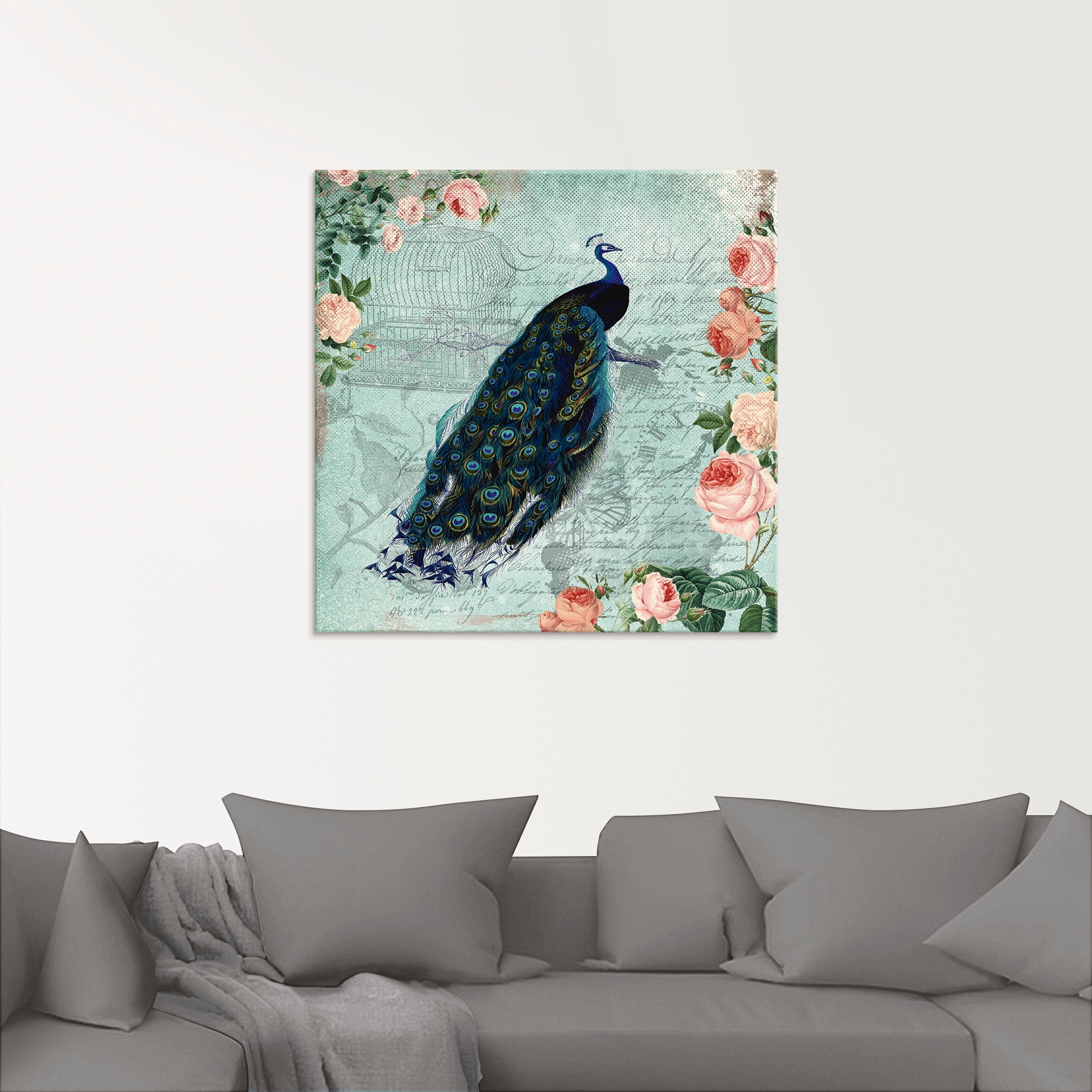 Artland Glasbild »Vintage Rosen und Pfau Illustration«, Vögel, (1 St.), in verschiedenen Größen