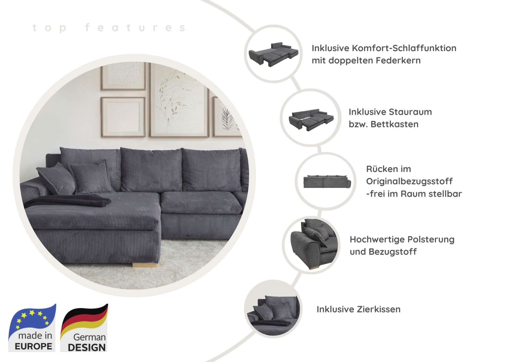 Home affaire Ecksofa »Katja«, Cord Bezug, inkl. Schlaffunktion und Stauraum
