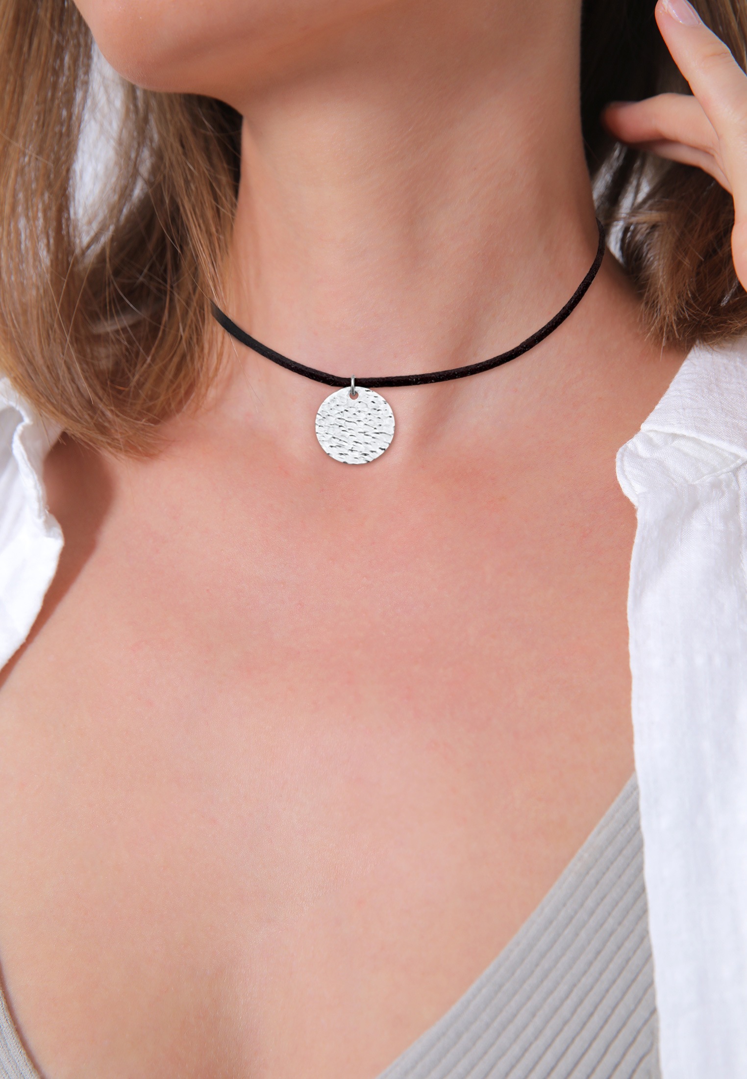 Elli Choker »Halskette Choker Coin Gehämmert Band Textil 925 Silber«