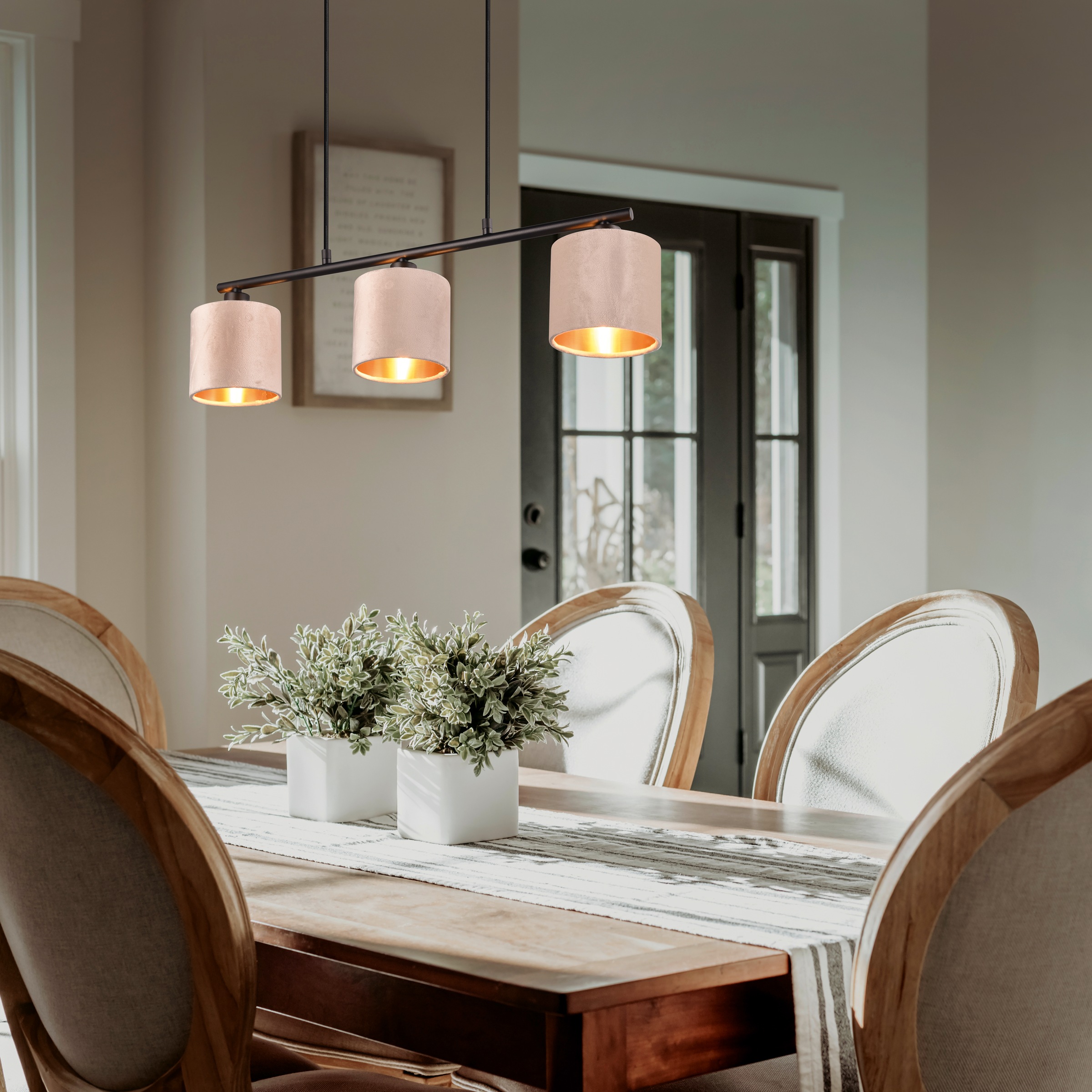 my home Pendelleuchte »JOSIE, Hängeleuchte 3-flammig mit Samtschirm beige / innen gold IP20«, 3 flammig, Leuchtmittel E14 | Leuchtmittel wechselbar, Hängelampe Esszimmer höhenverstellbar bis 150 cm, exkl Leuchtmittel
