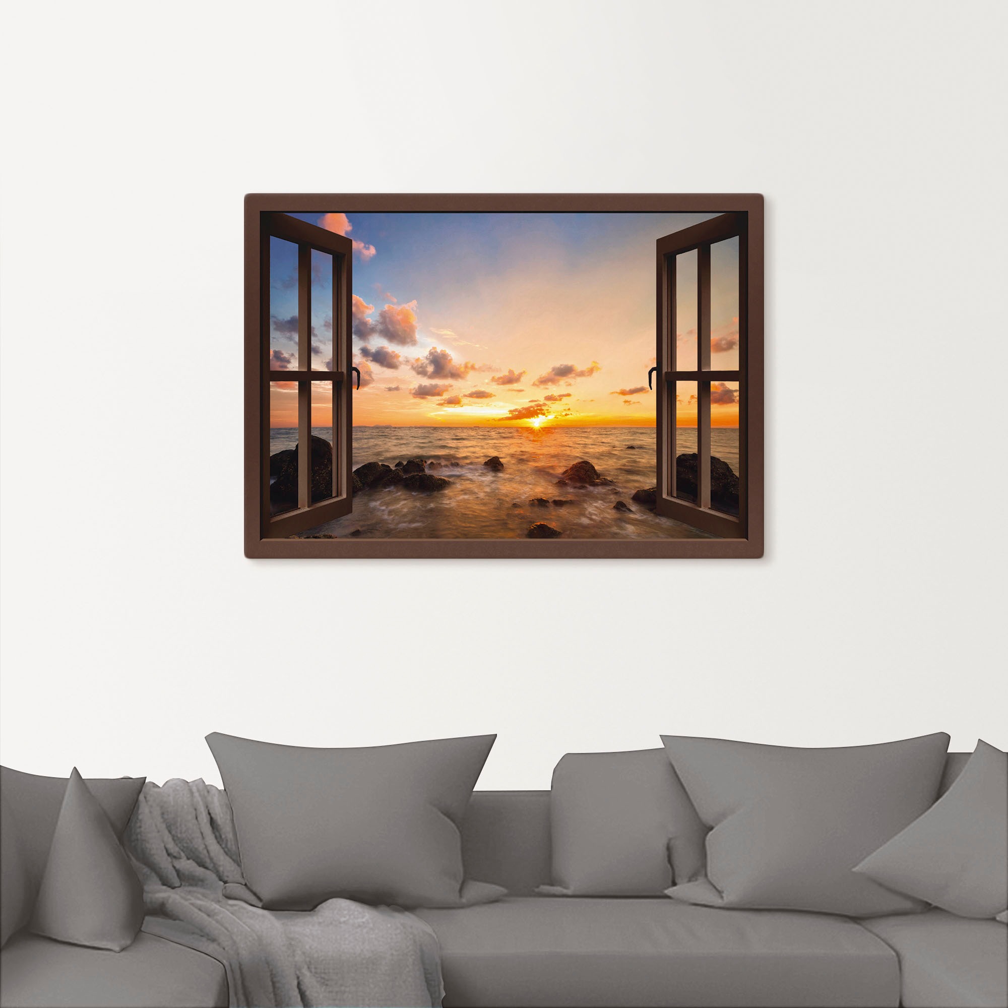 Artland Wandbild »Fensterblick Sonnenuntergang am Meer« Fensterblick 1 Stk. tlg. als Alubild, Leinwandbild in verschied. Größen