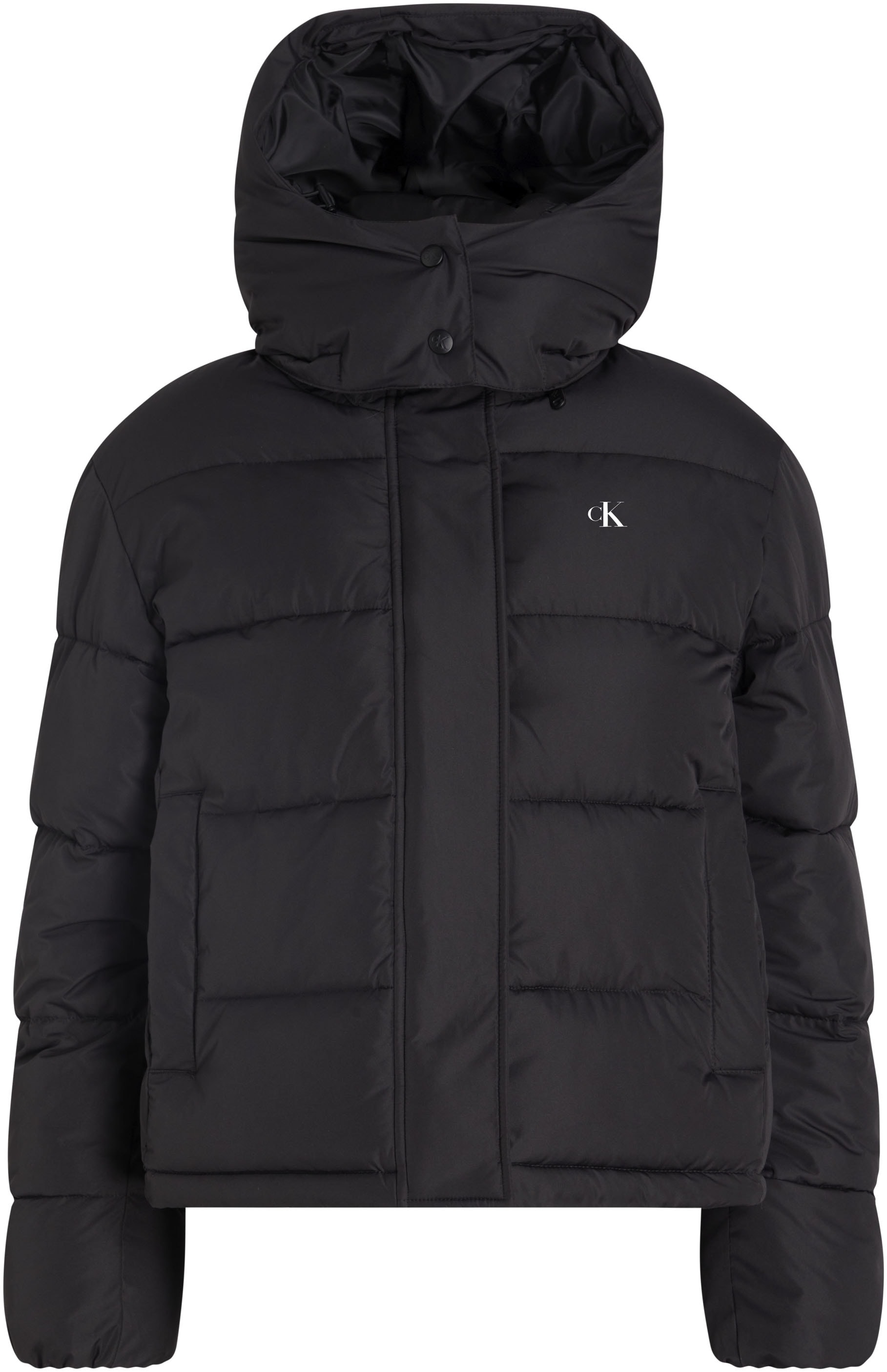 Calvin Klein Jeans Steppjacke »MATTE MONOLOGO ND SHORT PUFFER«, mit Kapuze, mit Logodruck