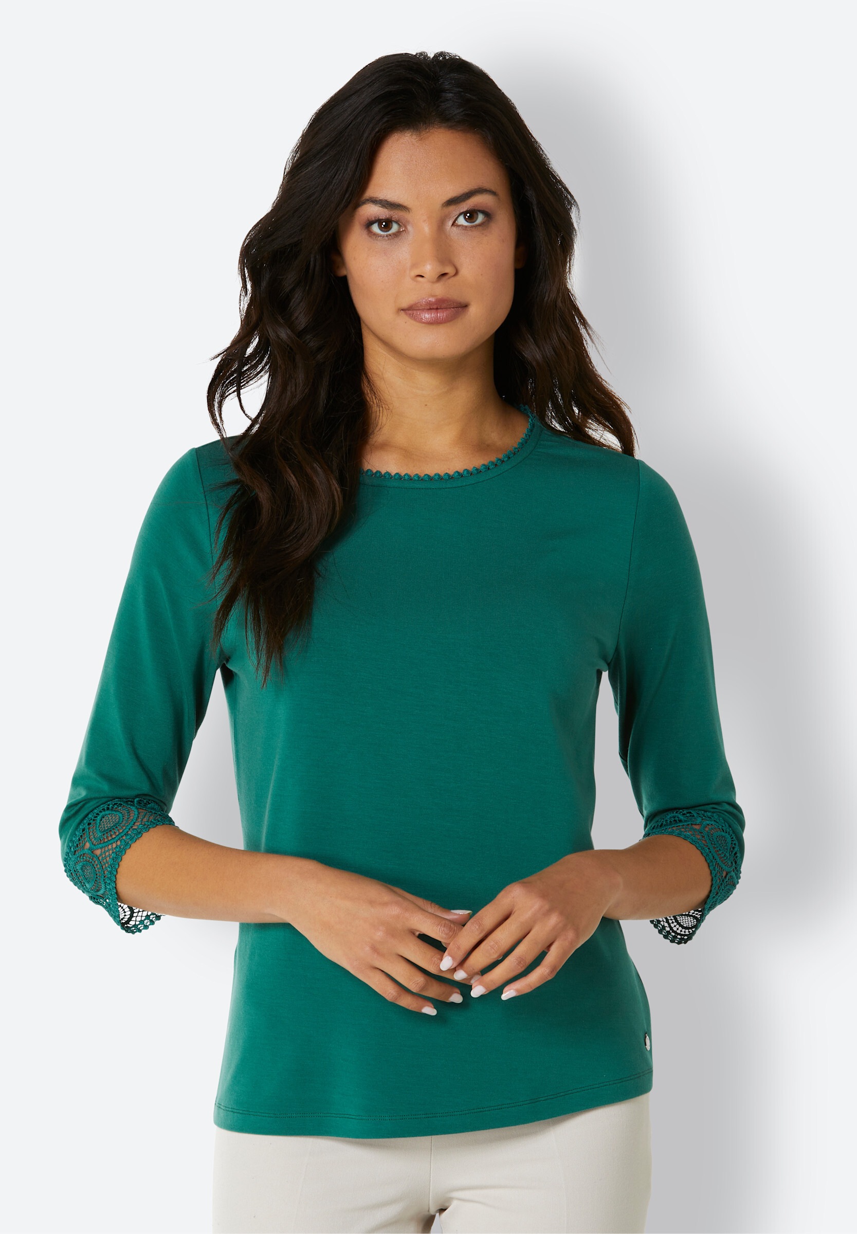 creation L T-Shirt »Lyocell-Shirt 3/4-Arm-Shirt mit Spitzenbordüre an Ausschnitt und Ärmeln«
