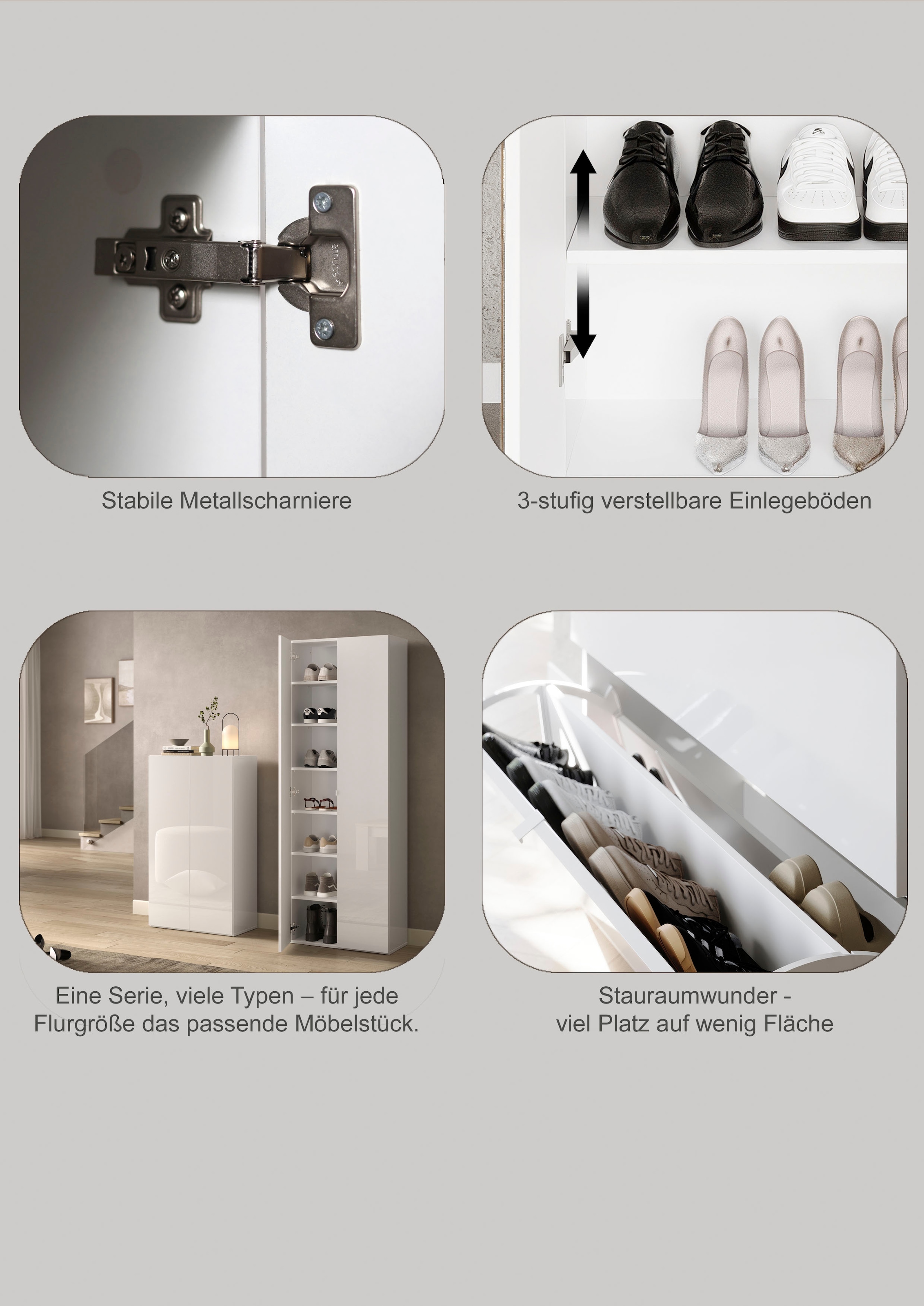 INOSIGN Schuhschrank »SMILE Höhe 184 cm, Weiß Hochglanz lackiert mit 2 Spiegeltüren,«, Schuhregal mit 7 Ebenen, Metallgriff, viel Stauraum, 4 Böden variabel