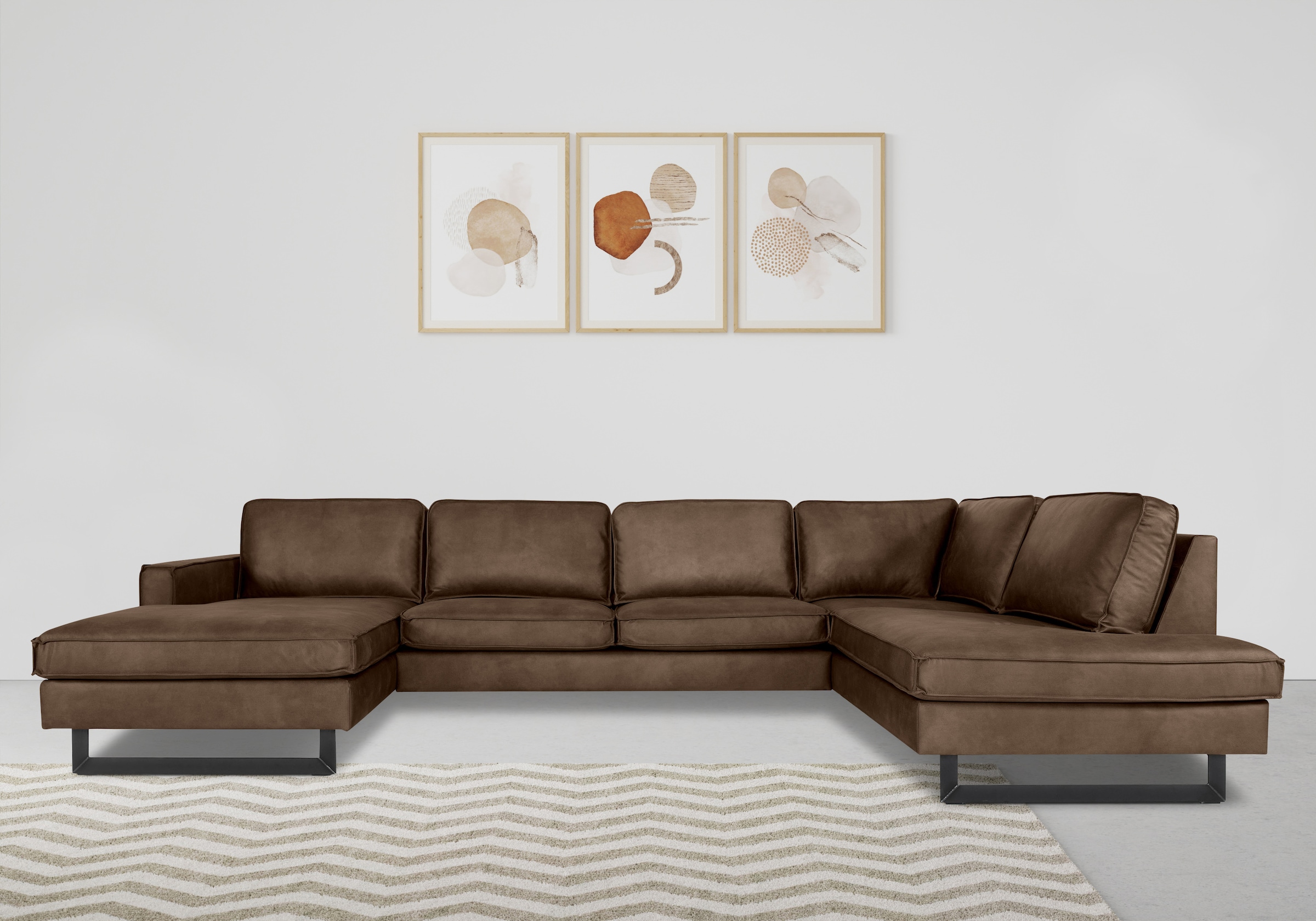 Places of Style Wohnlandschaft »Pinto, 350 cm, U-Form, XXL, mit Ottomanen«, Cord, Chenille, Lederoptik, mit Keder, Metallfüße, Wellenunterfederung