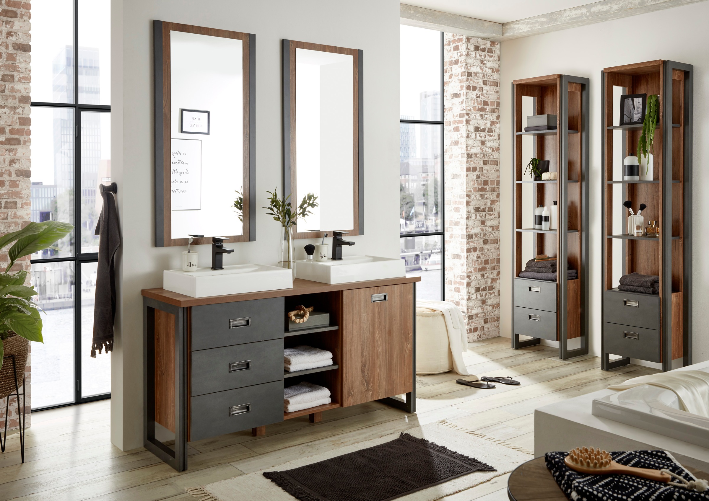 Home affaire Badmöbel-Set »Detroit, Bad im Industrialdesign, 3-teiliges Badezimmer«, (Set, 5 St.), Waschtisch, Regal & Spiegel, inkl. zwei Mineralguss-Aufsatzwaschbecken