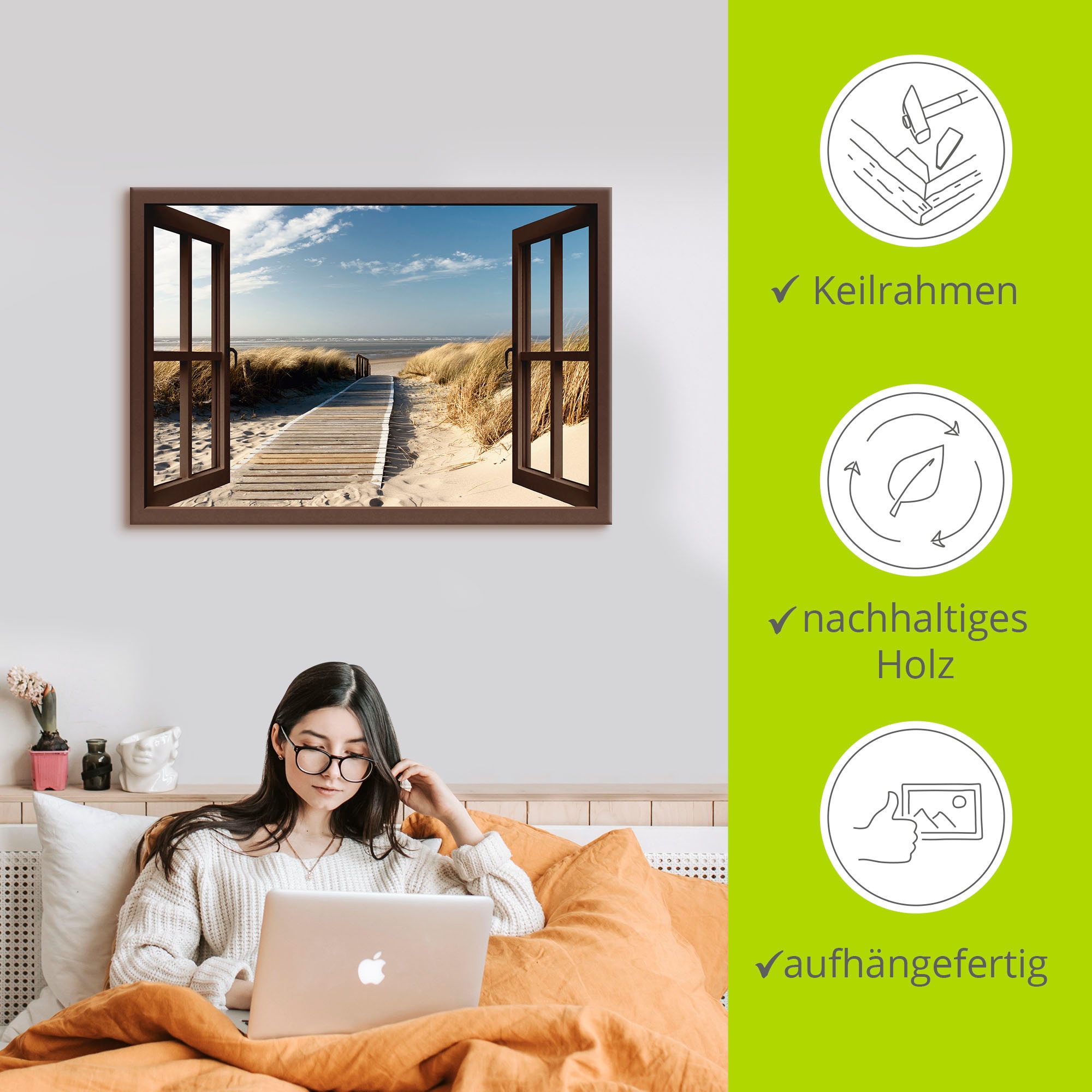 Artland Wandbild »Fensterblick Nordseestrand auf Langeoog«, Fensterblick, (1 St.), als Leinwandbild, Poster, Wandaufkleber in verschied. Größen