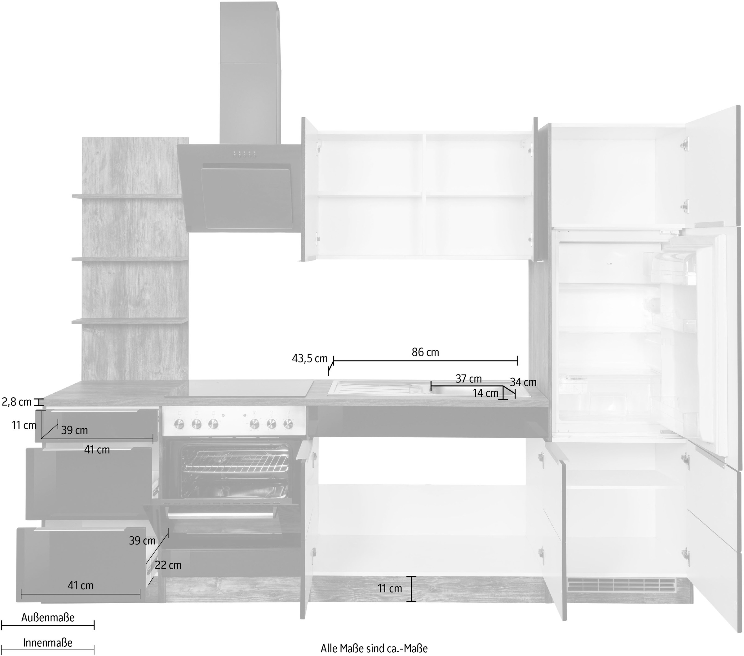 KOCHSTATION Küchenzeile »KS-Brindisi« Breite 270 cm, wahlweise mit E-Geräten, mit MDF-Fronten und Regal