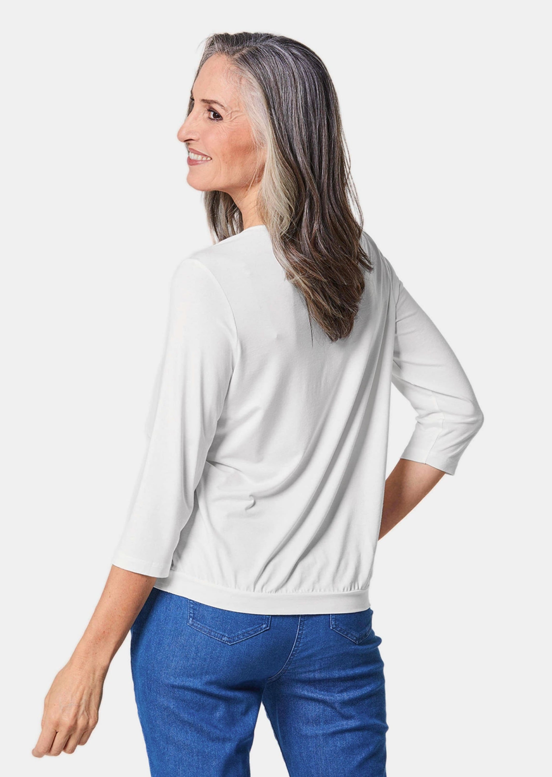 GOLDNER Kurzarmbluse »Kurzgröße Chiffon-Shirt mit 3/4-Arm, Rundhals«