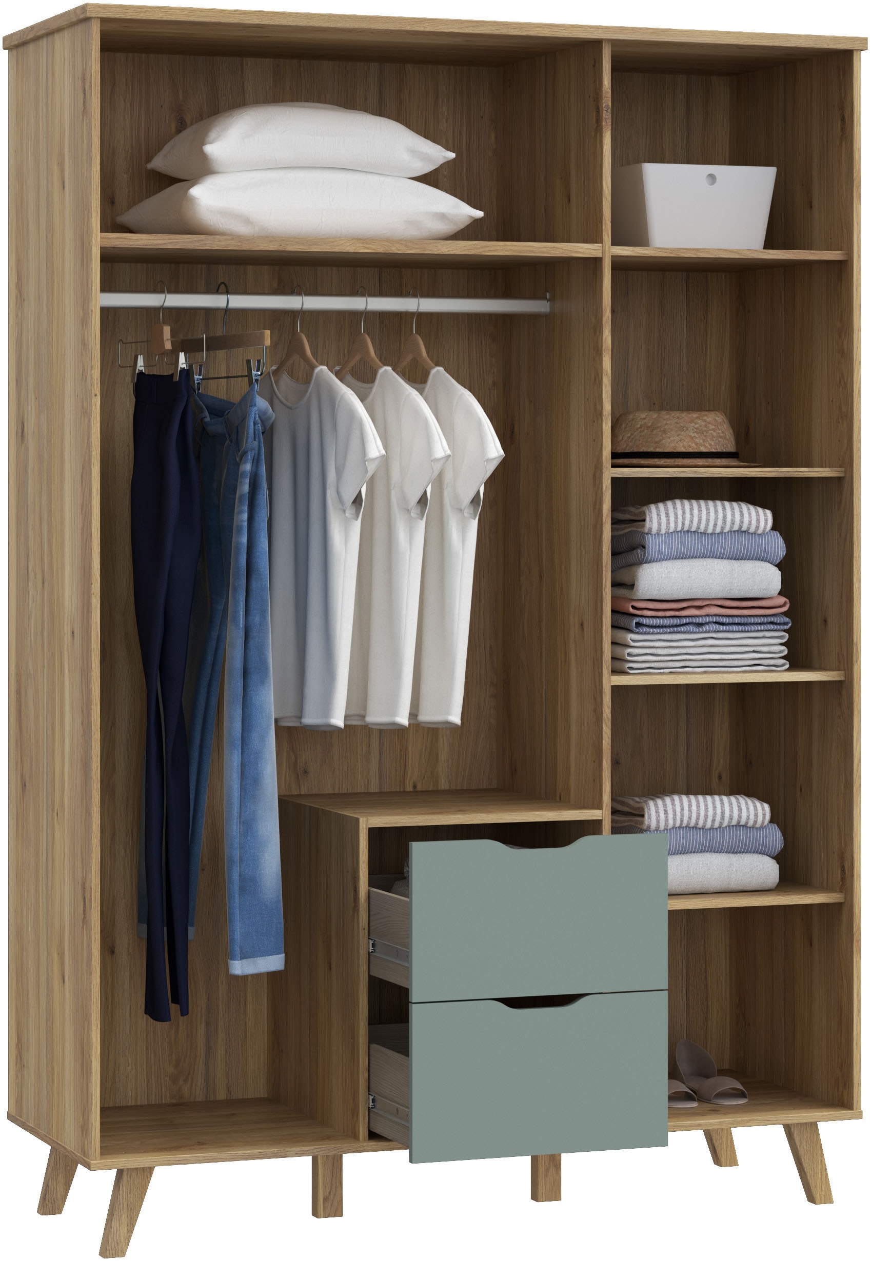 FORTE Drehtürenschrank »Vankka, OTTOs Choice, Kleiderschrank, viel Stauraum,«, (B/H/T ca.140x200x52cm), Made in Europe,mit Einlegeböden+Kleiderstange+Schubladen,grifflos