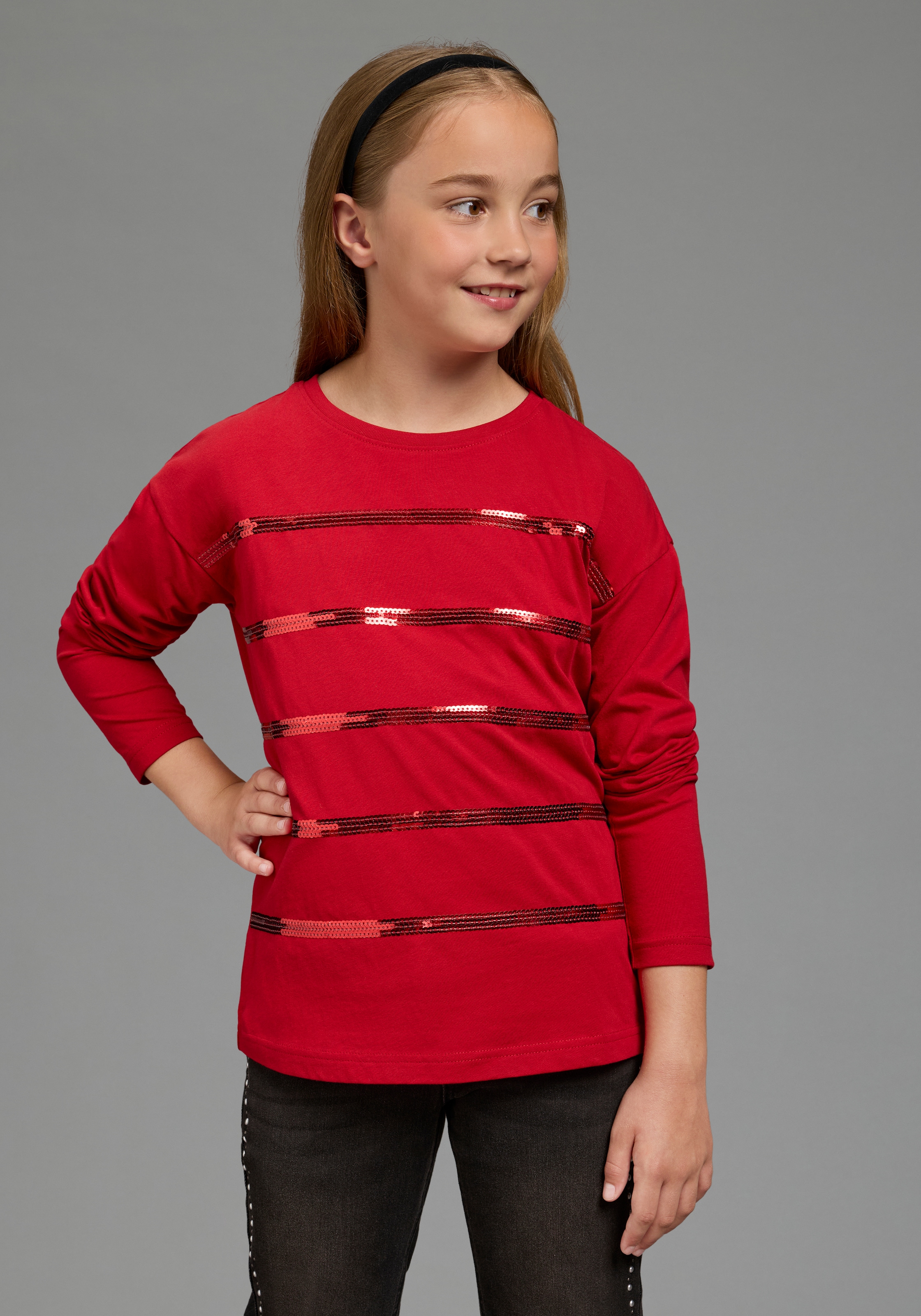 Bruno Banani Langarmshirt »Shirt mit Paillettendetails für Mädchen« Für TEENS, Langarmshirt mit Pailletten