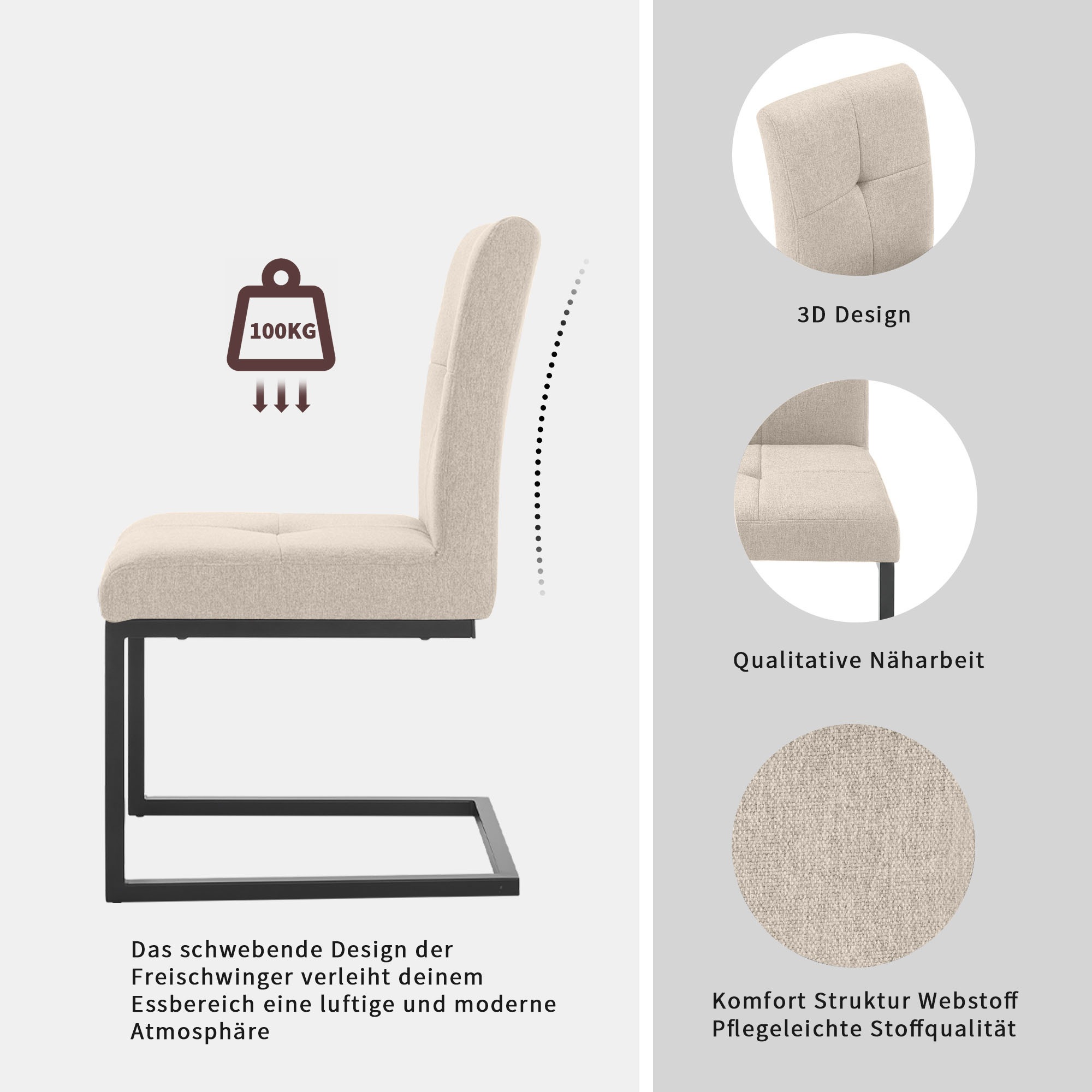 OTTO home Esszimmerstuhl »Geranie Freischwinger, Schwingstuhl« (Set) 2 Stk.mit 3D-Steppung, robustes Gestell, hochwertiger Stoff