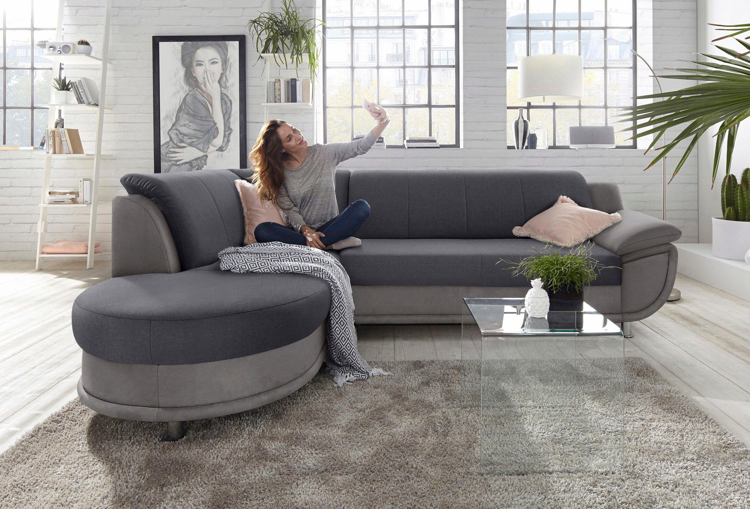 TRENDMANUFAKTUR Ecksofa »Rondo 3, zeitlos und bequem, Materialmix, breite Armlehnen, L-Form« wahlweise mit Federkern für mehr Komfort, wahlweise mit Bettfunktion