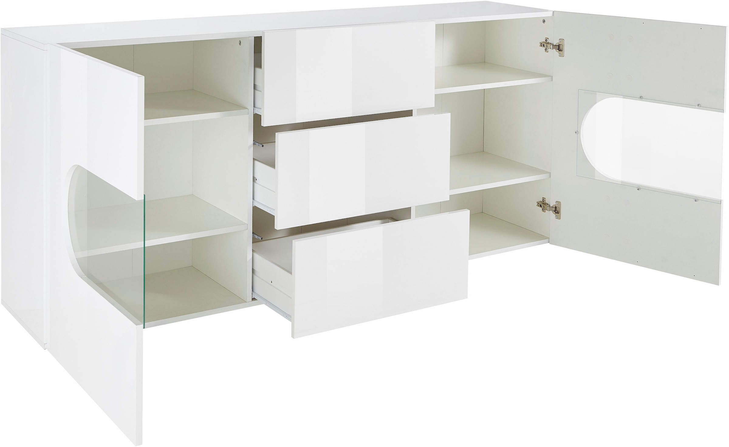 INOSIGN Sideboard »Real,Vitrine,Kommode,Schrank, komplett hochglanz lackiert«, mit 2 Glastüren und 3 Schubladen ohne Griff, Breite 180