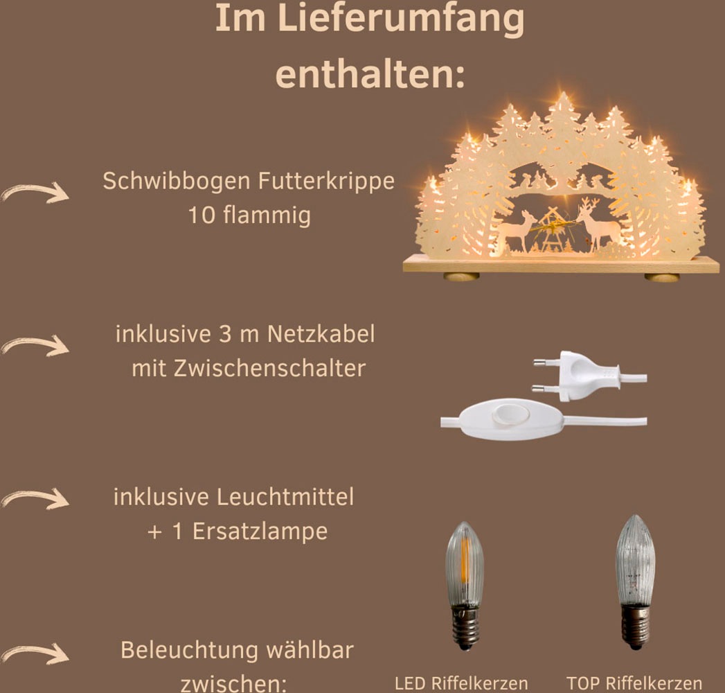 Weigla LED Schwibbogen »Futterkrippe mit echtem Heu, Lichterbogen aus Holz, NATUR«, Erzgebirge garantiert, Weihnachtsdeko Innen, Weihnachtsbeleuchtung
