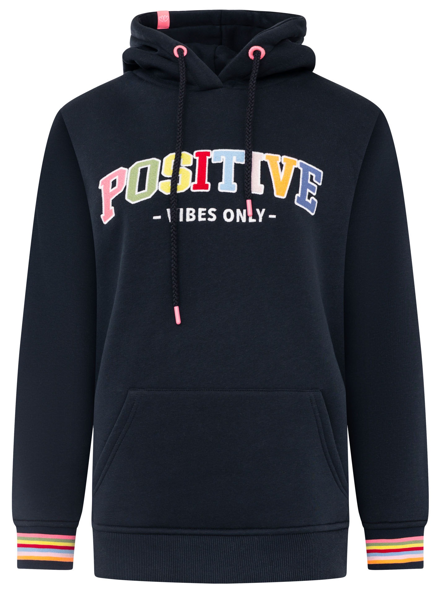 Zwillingsherz Hoodie »"POSITIVE"«, buntes Sticklogo und gestreifte Ärmelbündchen, Kapuze, Kängurutasche
