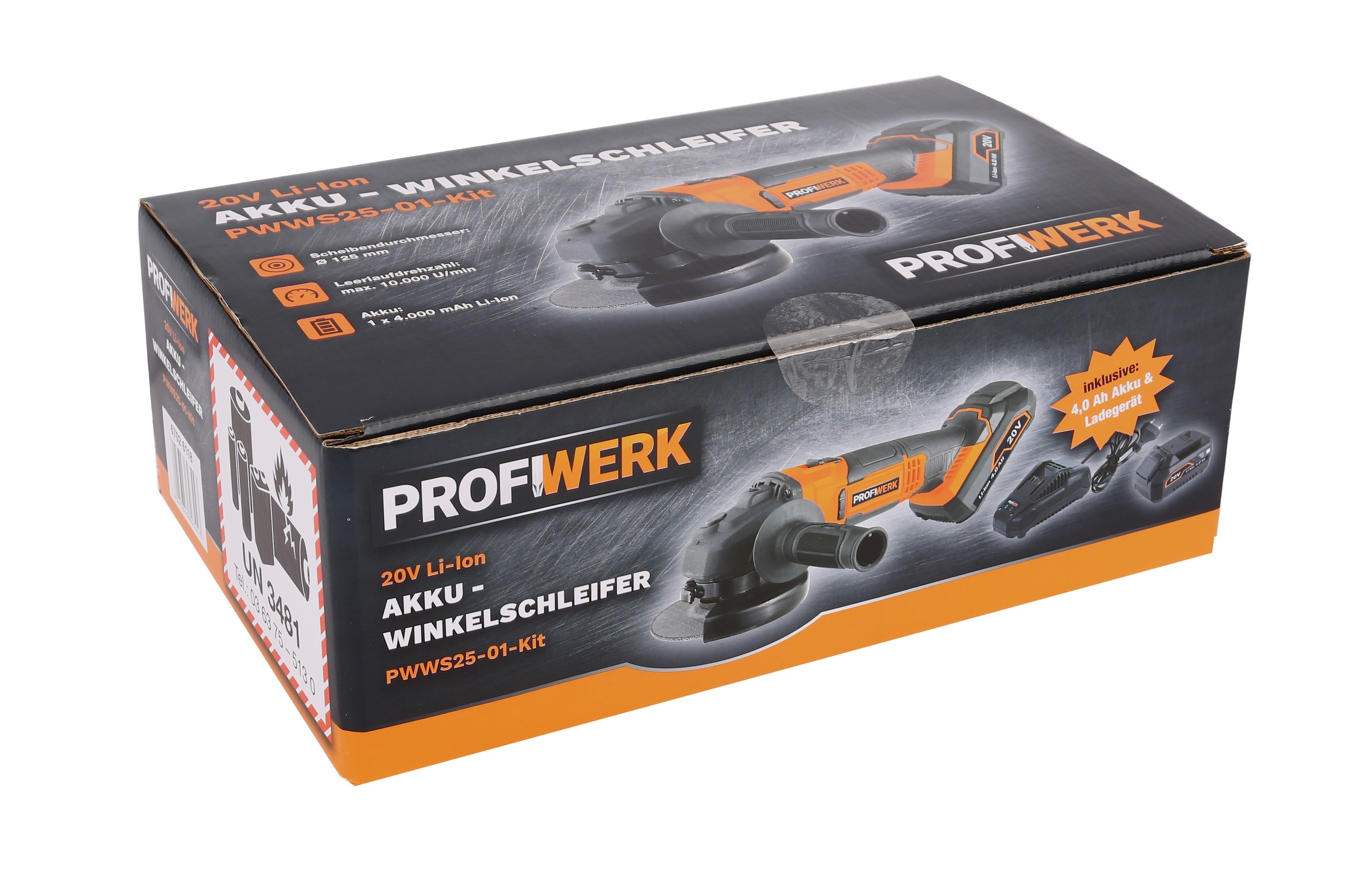 Profiwerk Akku-Winkelschleifer »PWWS25-01-Kit 20V, 125mm, M14, 4Ah Akku«, Netzteil, Sicherungsmutternschlüssel