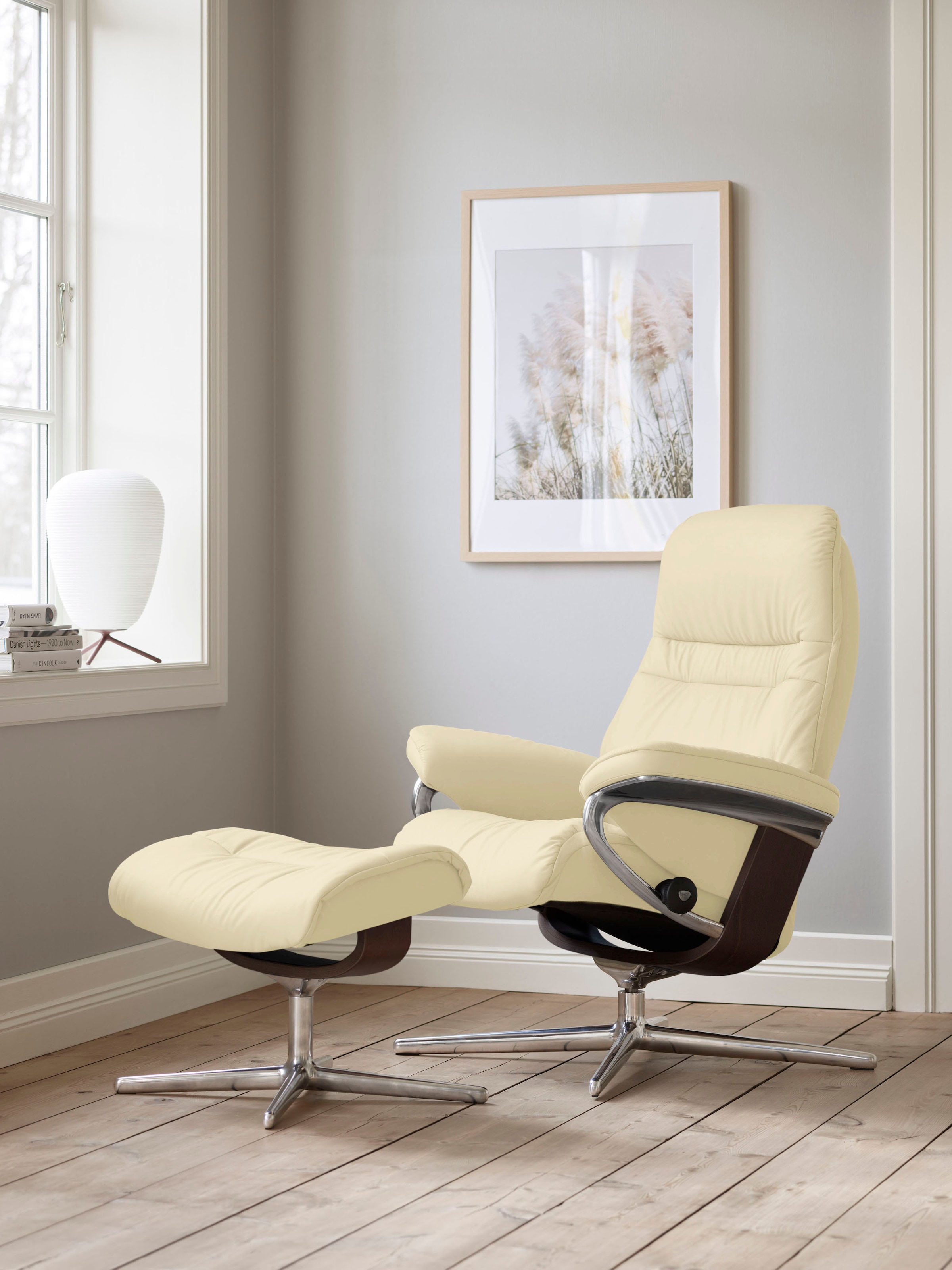 Stressless® Relaxsessel »Sunrise« Set, Relaxsessel mit Hocker,  mit Hocker, mit Cross Base, Größe S, M & L, Holzakzent Braun