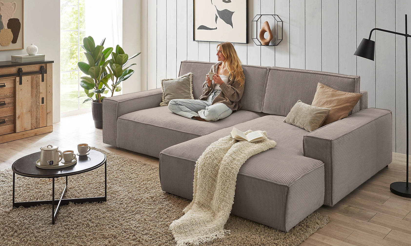 Home affaire Ecksofa »NEU: SHERWOOD XXL 284, Big-Sofa L-Form, tiefe Sitzfläche 95 cm, Cord«, Recamiere rechts/links, als Schlafsofa stellbar, Cord u. Leinenoptik