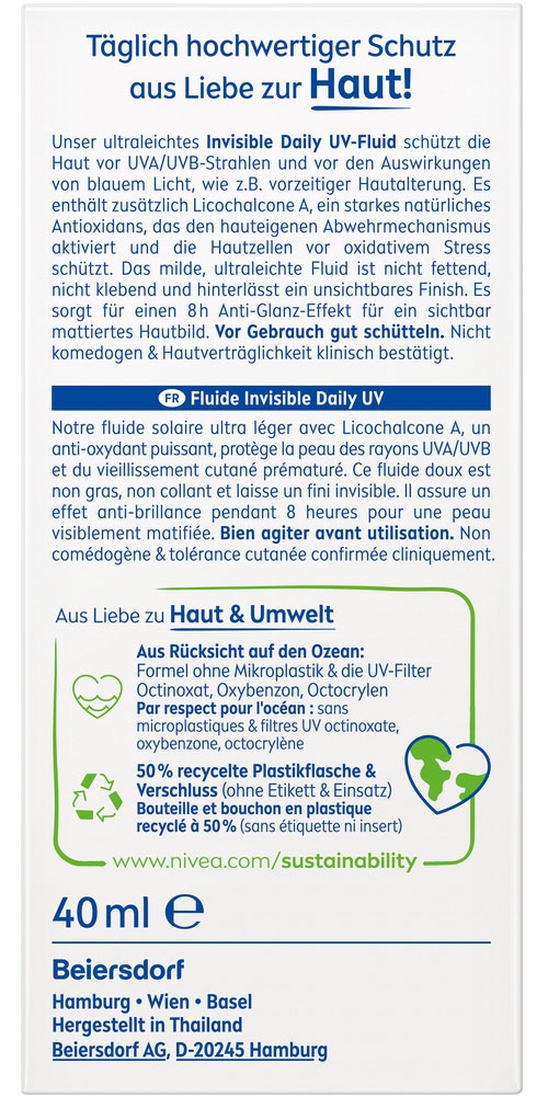 Nivea Sun Sonnenschutzfluid »Invisible Daily UV-Fluid LSF 50+«, mit Antioxidantien