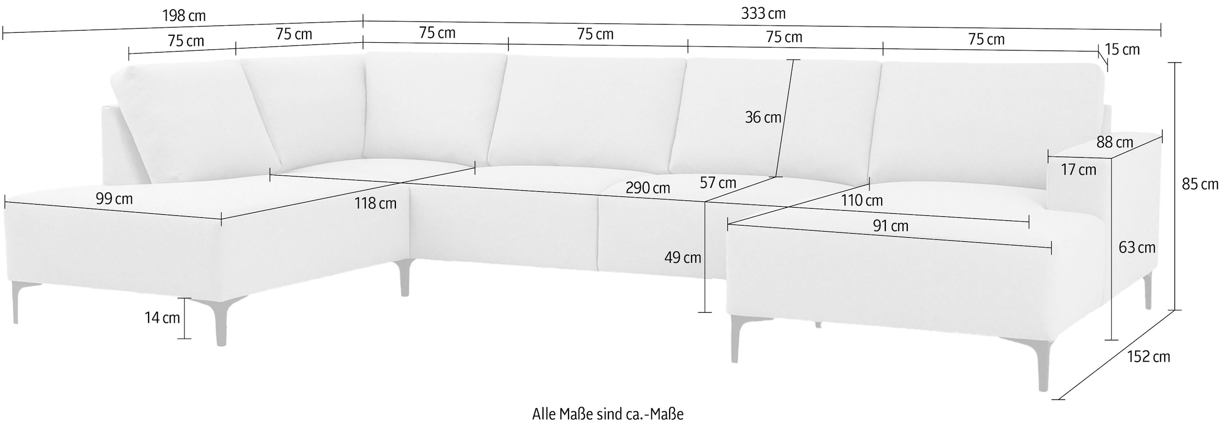 Home affaire Wohnlandschaft »Tournon U-Form, XXL Sofa, Breite 333 cm, Webstoff, Chenille«, Designsofa im nordischen Stil, Wellenunterfederung, Metallfüße