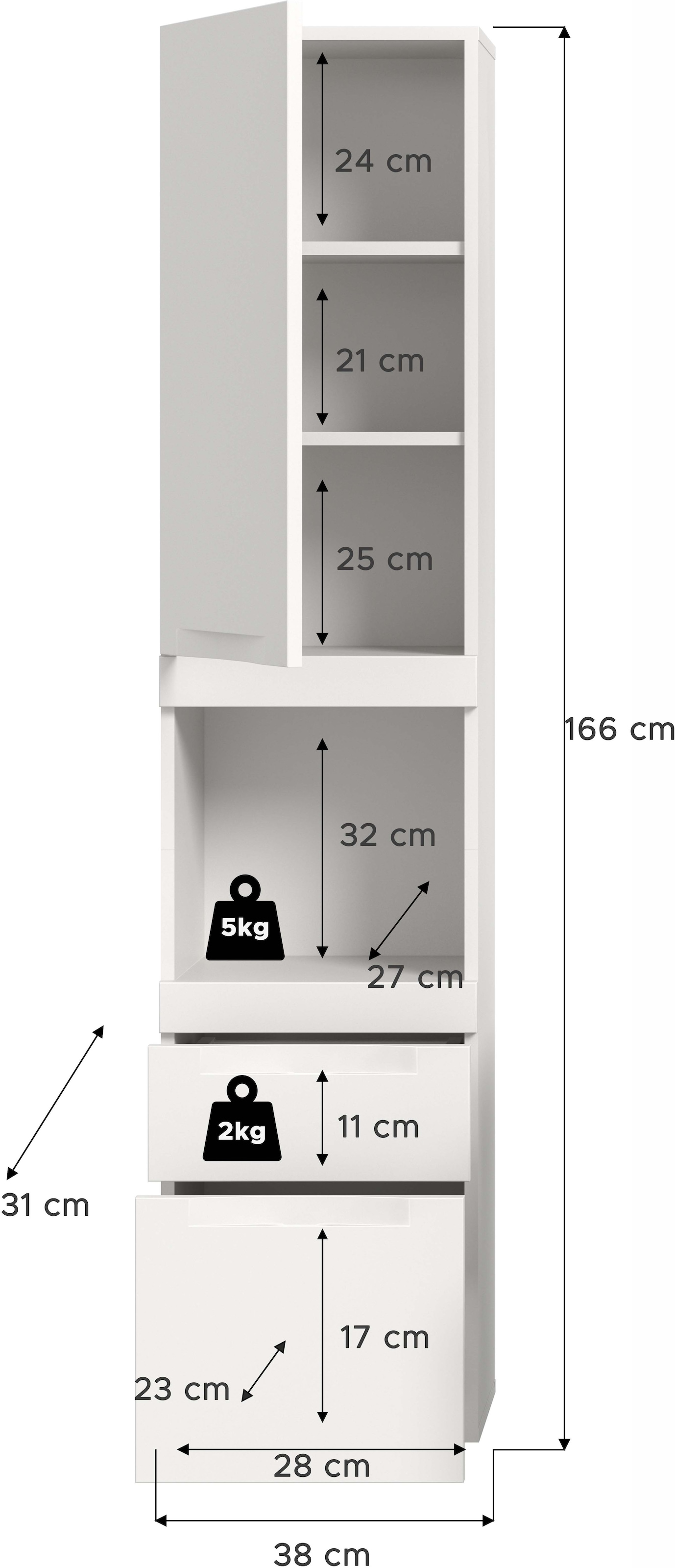 OTTO home Hängeschrank »MAOI, Höhe 166cm, 1 Tür, 2 Schubkästen, 1 offenes Fach« Badezimmerschrank, Schrank, Kommode, Midischrank, Bad, Badezimmer