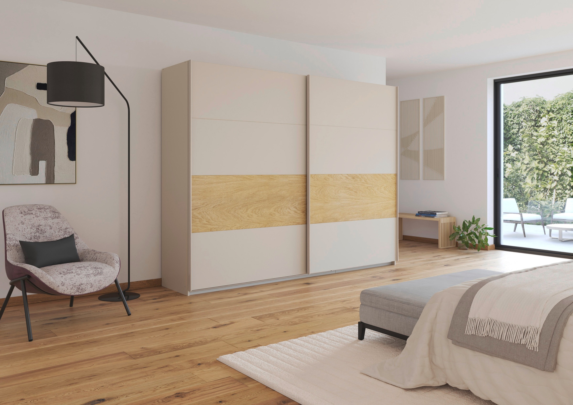 rauch Schwebetürenschrank »Kleiderschrank Schrank Garderobe Schlafzimmerschrank MALVA«, Bauchbinde abgesetzt in gebürstetem Eiche Furnier MADE IN GERMANY