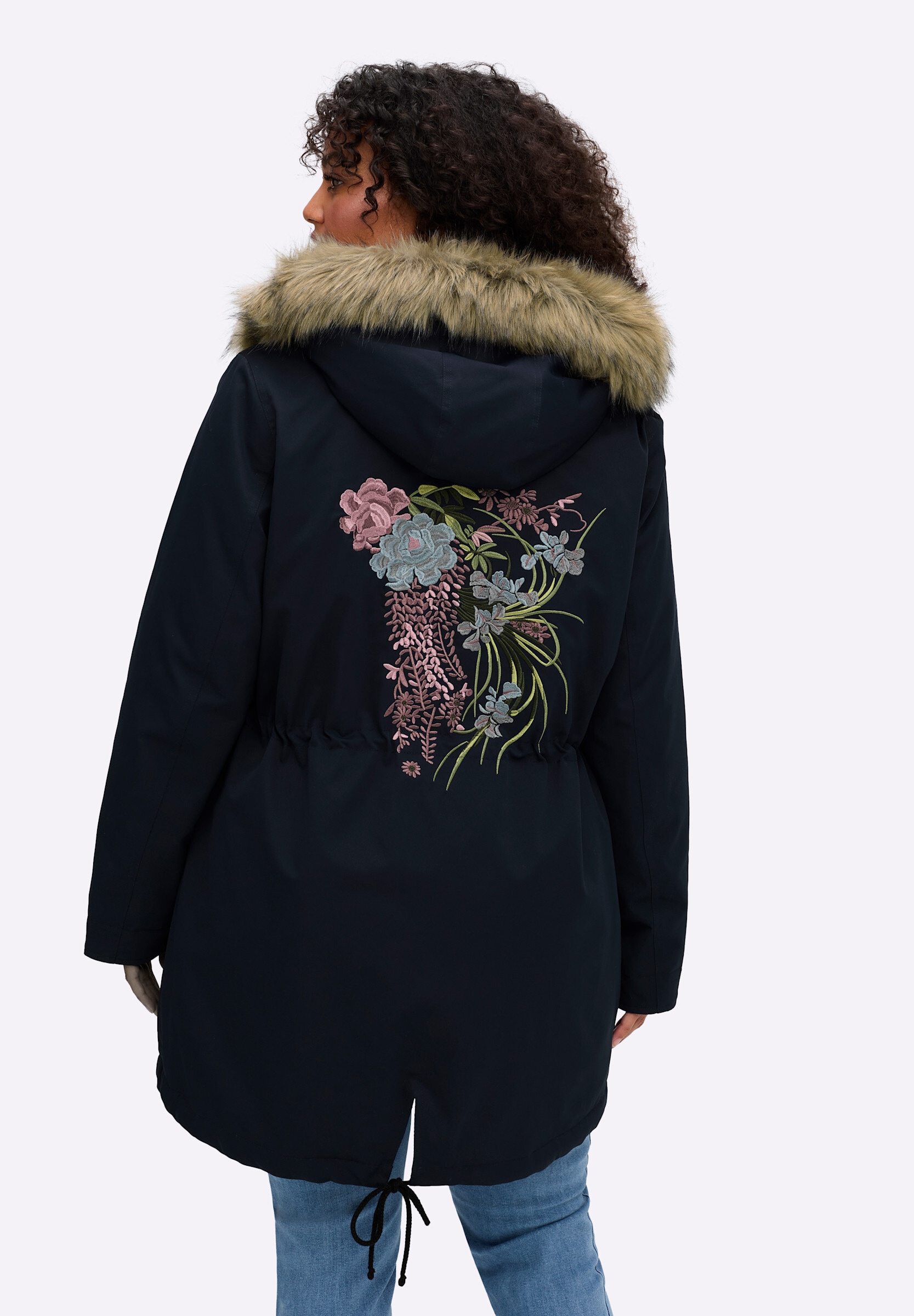 sheego by Joe Browns Parka »Outdoorjacke Parka mit Bumenstickerei am Rücken« mit Kapuze