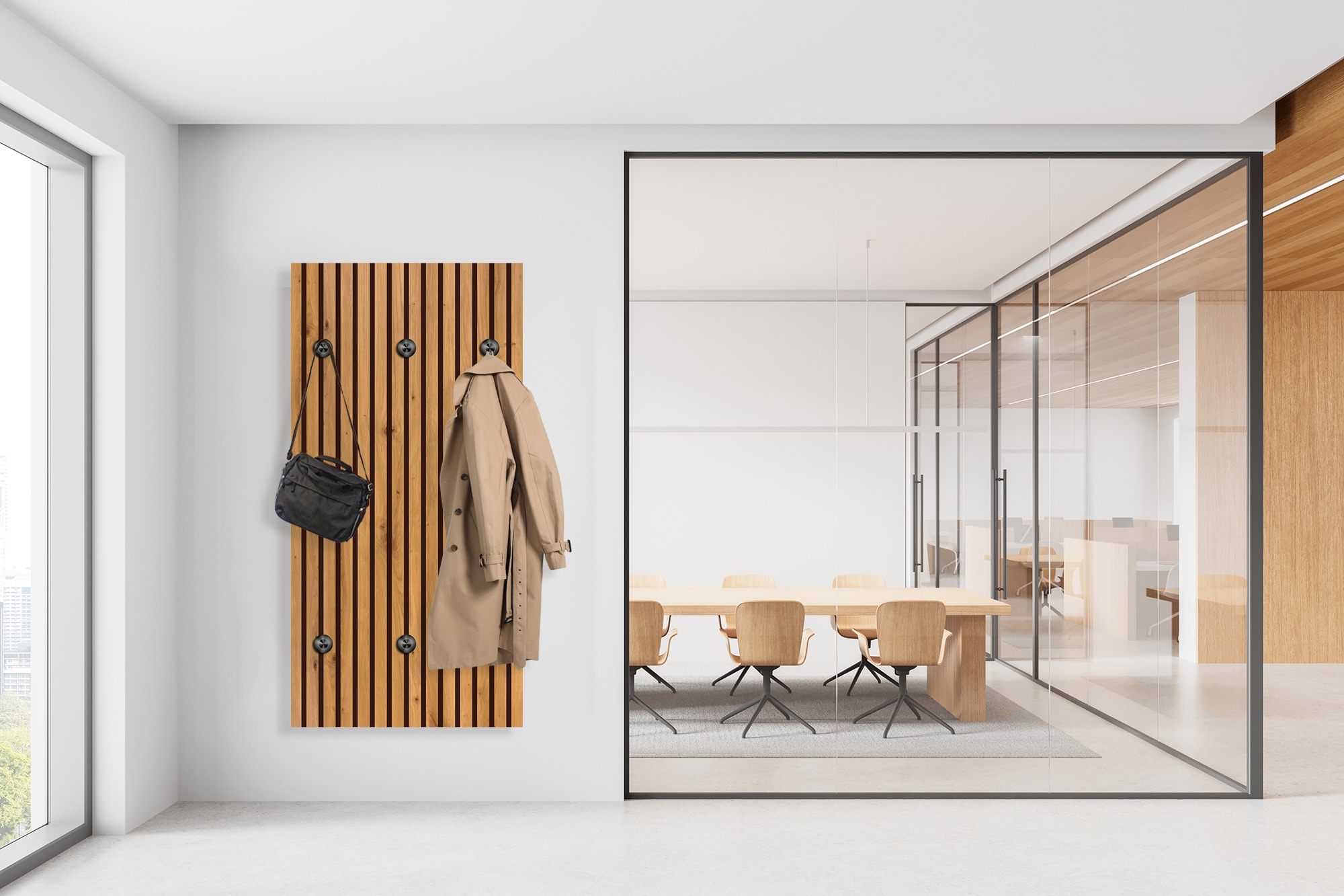 queence Wandgarderobe »Paneel Holz Optik« 1 Stk. tlg. Wandpaneel aus Acrylglas inkl. 6 Edelstahlhaken in schwarz matt