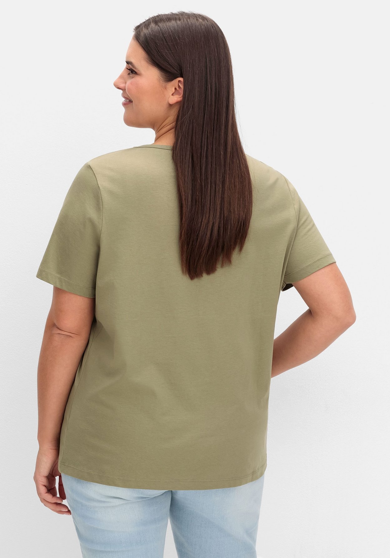 Sheego T-Shirt »Kurzarmshirt mit Frontdruck und Glitzereffekt«
