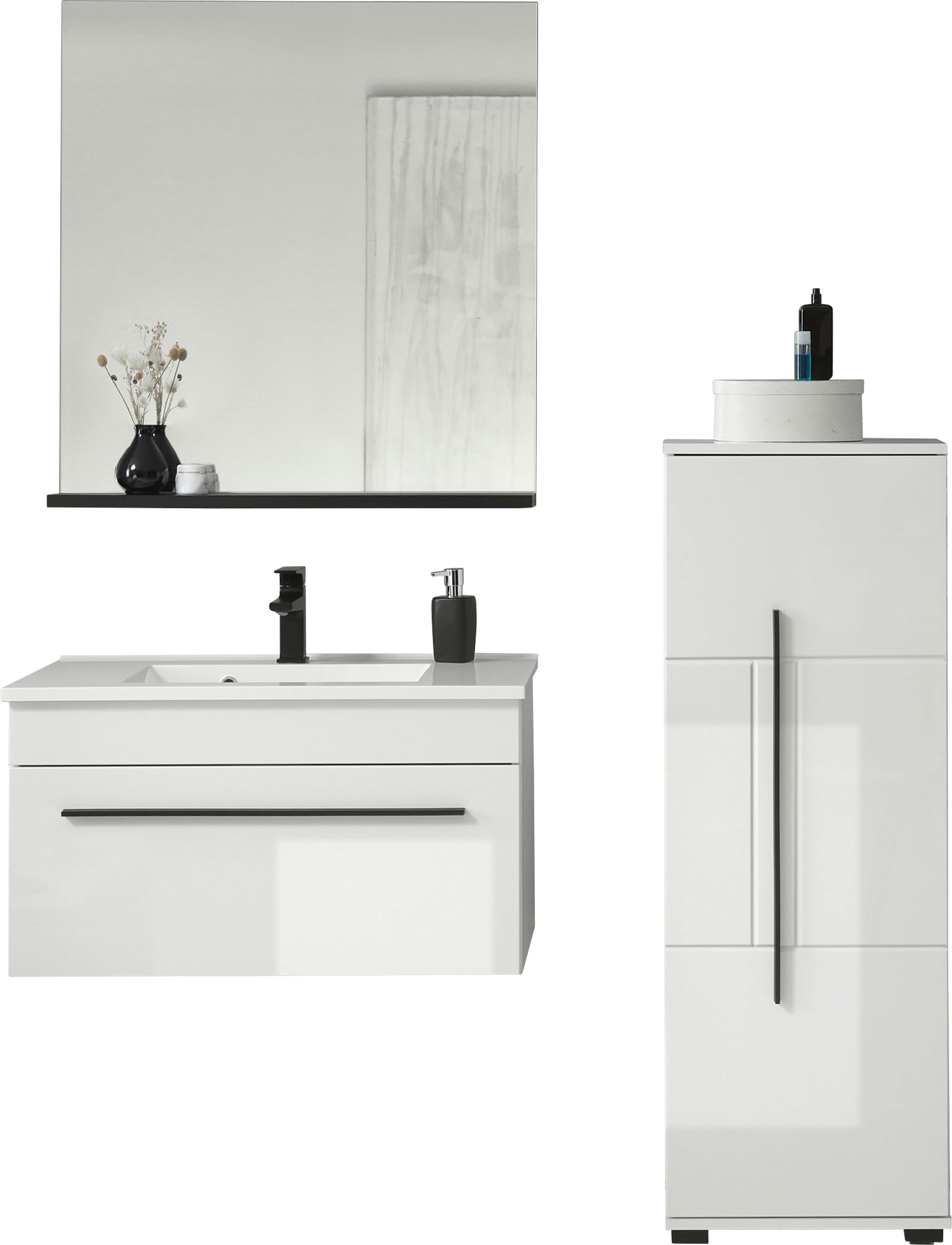 INOSIGN Badmöbel-Set »Cantara, Bad im modernen Design, 3-teiliges Badezimmer«, (Set, 3 St.), Waschtisch, Schrank und Spiegel, in Weiß Hochglanz, viel Stauraum