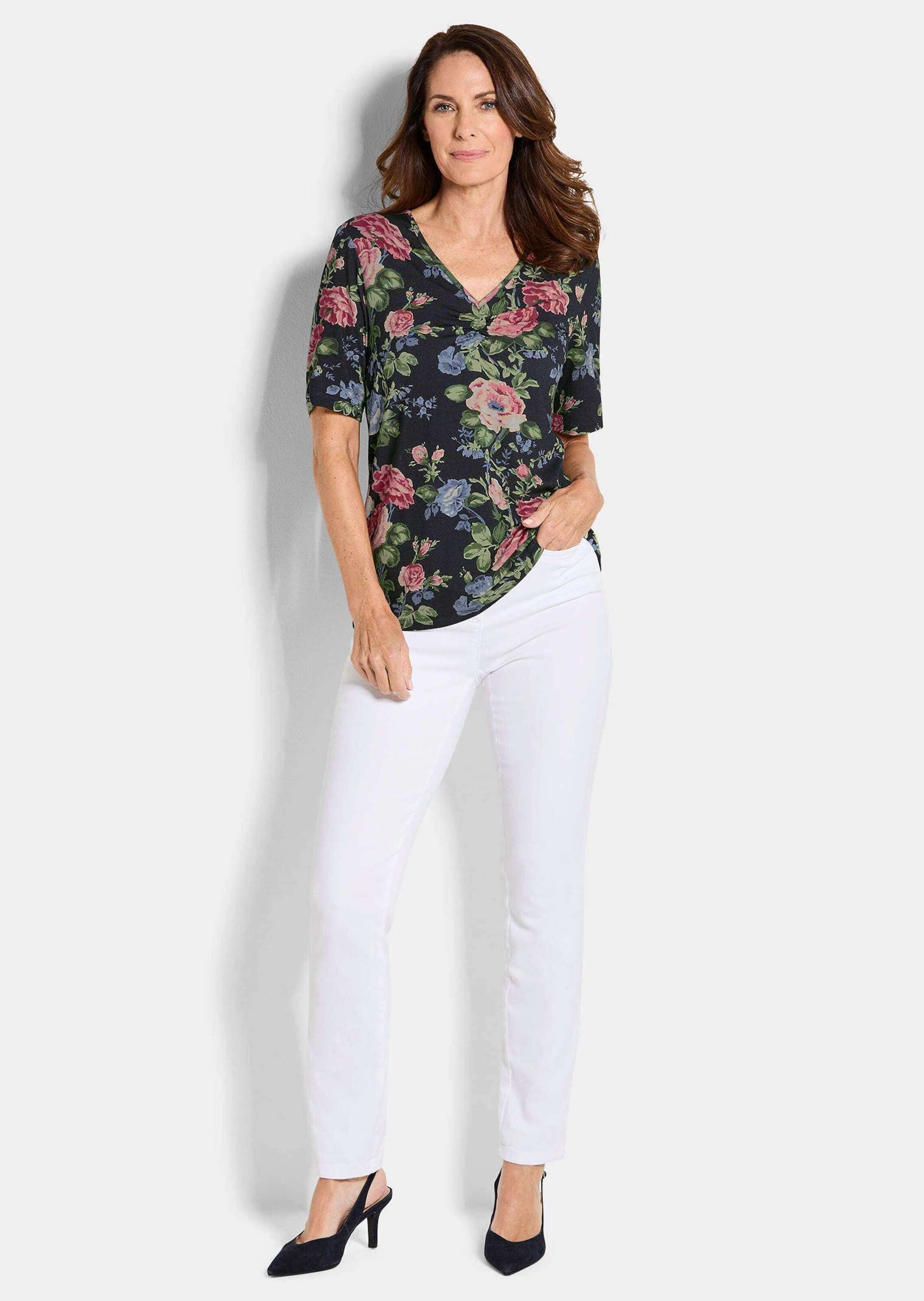 GOLDNER Kurzarmshirt »Kurzgröße Elegantes Druckshirt mit Blumenmuster« stretchbequemer Viskosejersey