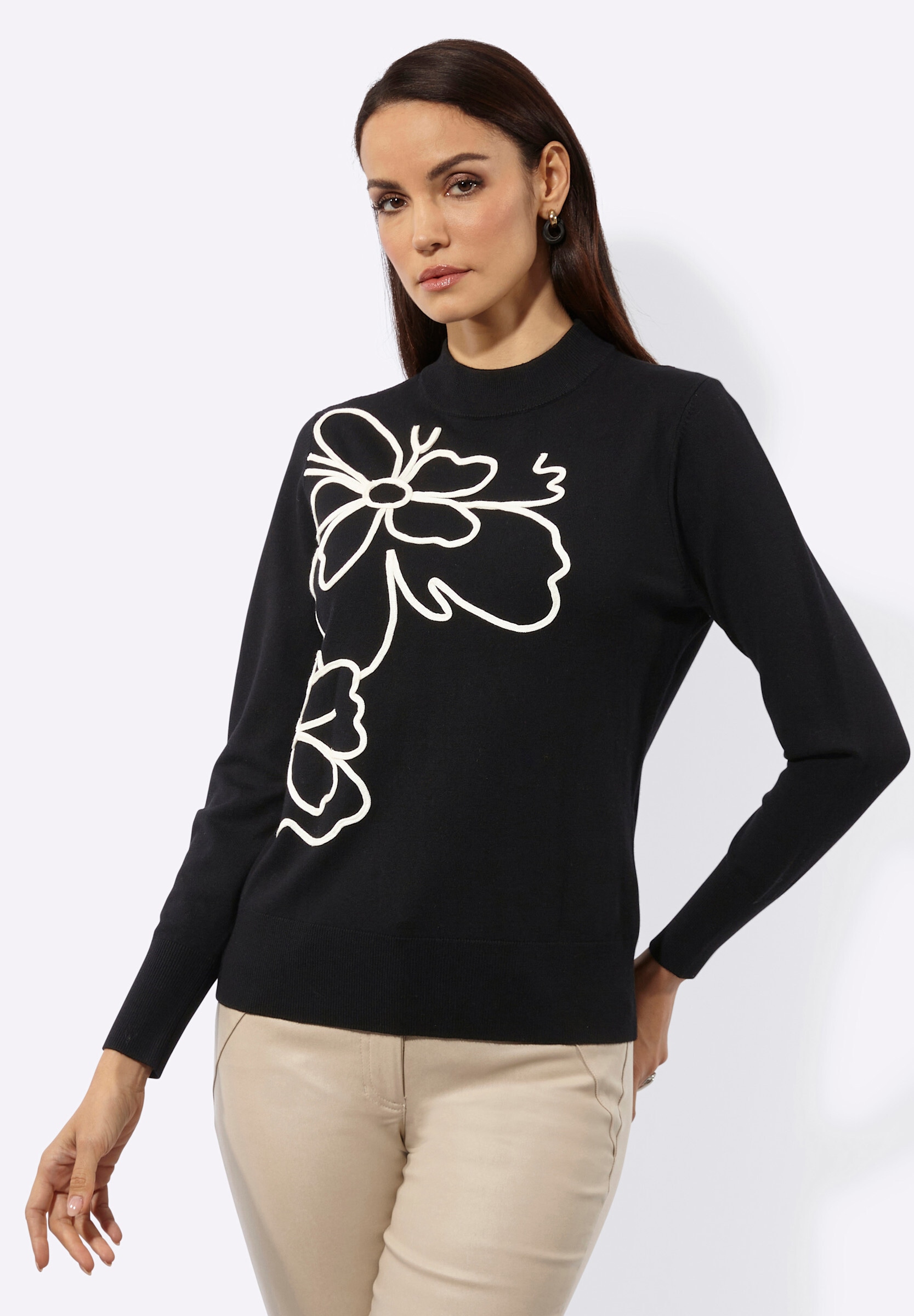 creation L Strickpullover »Pullover Langarm-Pullover mit platziertem Blumenmotiv«