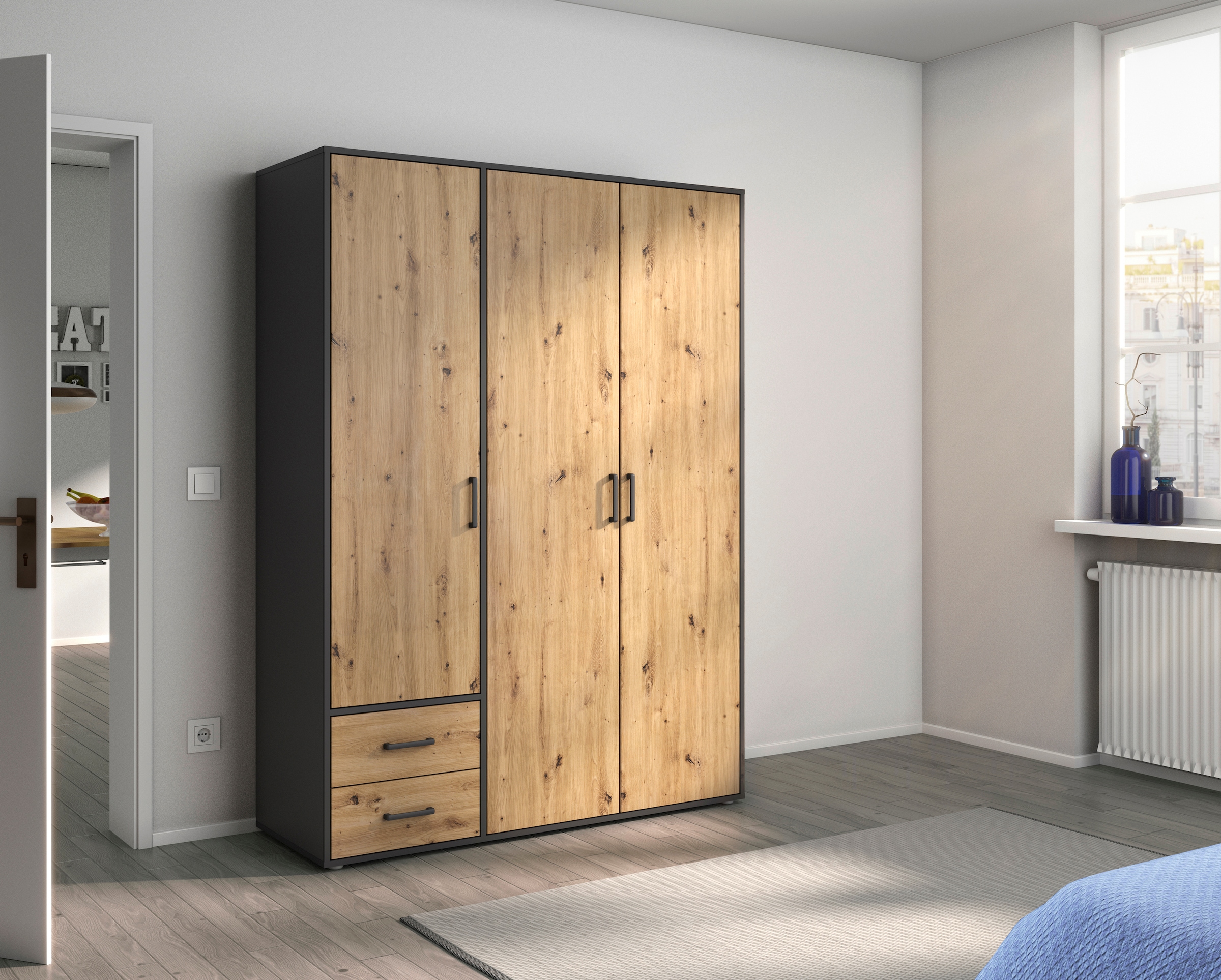 rauch Drehtürenschrank »Kleiderschrank Schrank Garderobe Wäscheschrank VOYAGER«, moderne Griffe in Graumetallic mit Außenschubkästen MADE IN GERMANY